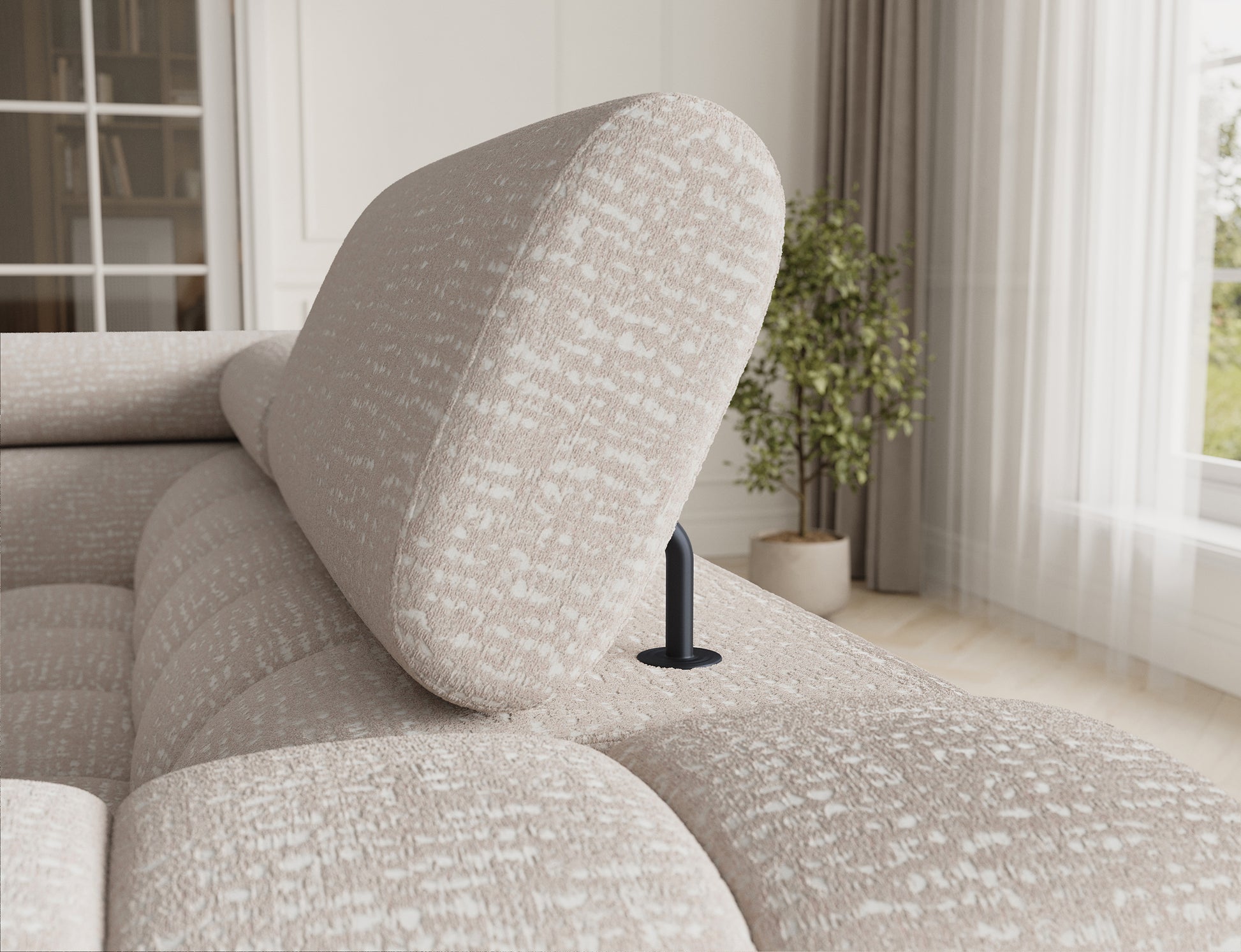 Regulowany zagłówek narożnika Fectory Baffix 20 beżowy – zbliżenie na funkcję i strukturę tapicerki.