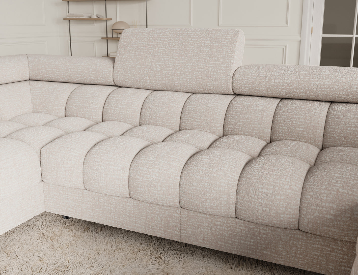 Oparcie i zagłówek narożnika Fectory Baffix 20 beżowy – detal tapicerki z miękkimi przeszyciami.