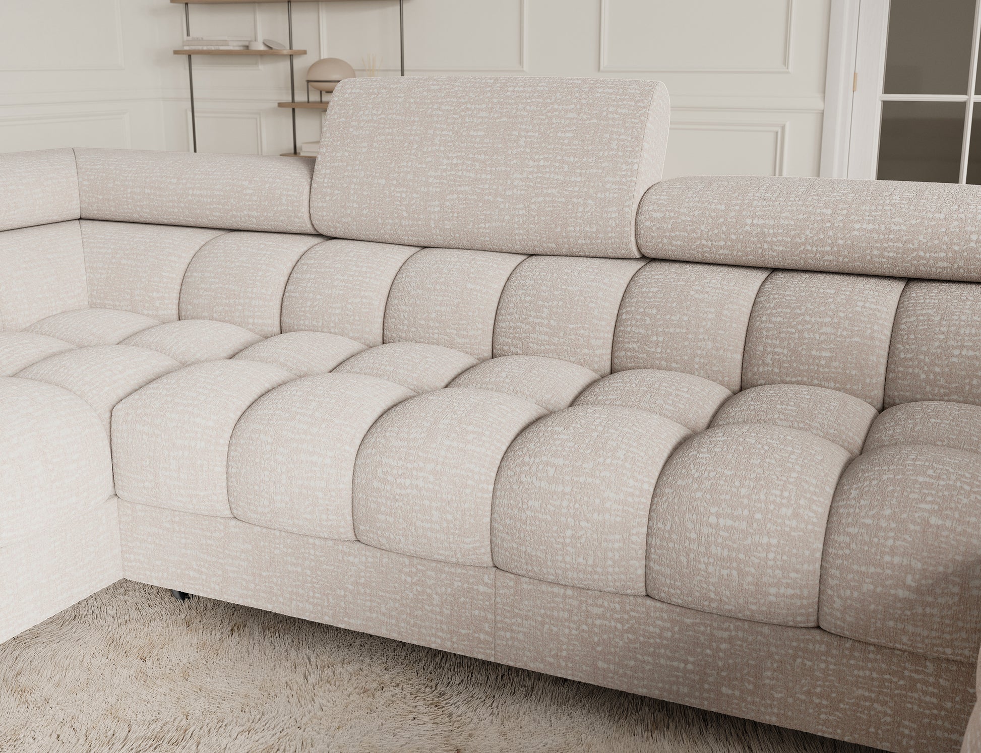 Oparcie i zagłówek narożnika Fectory Baffix 20 beżowy – detal tapicerki z miękkimi przeszyciami.