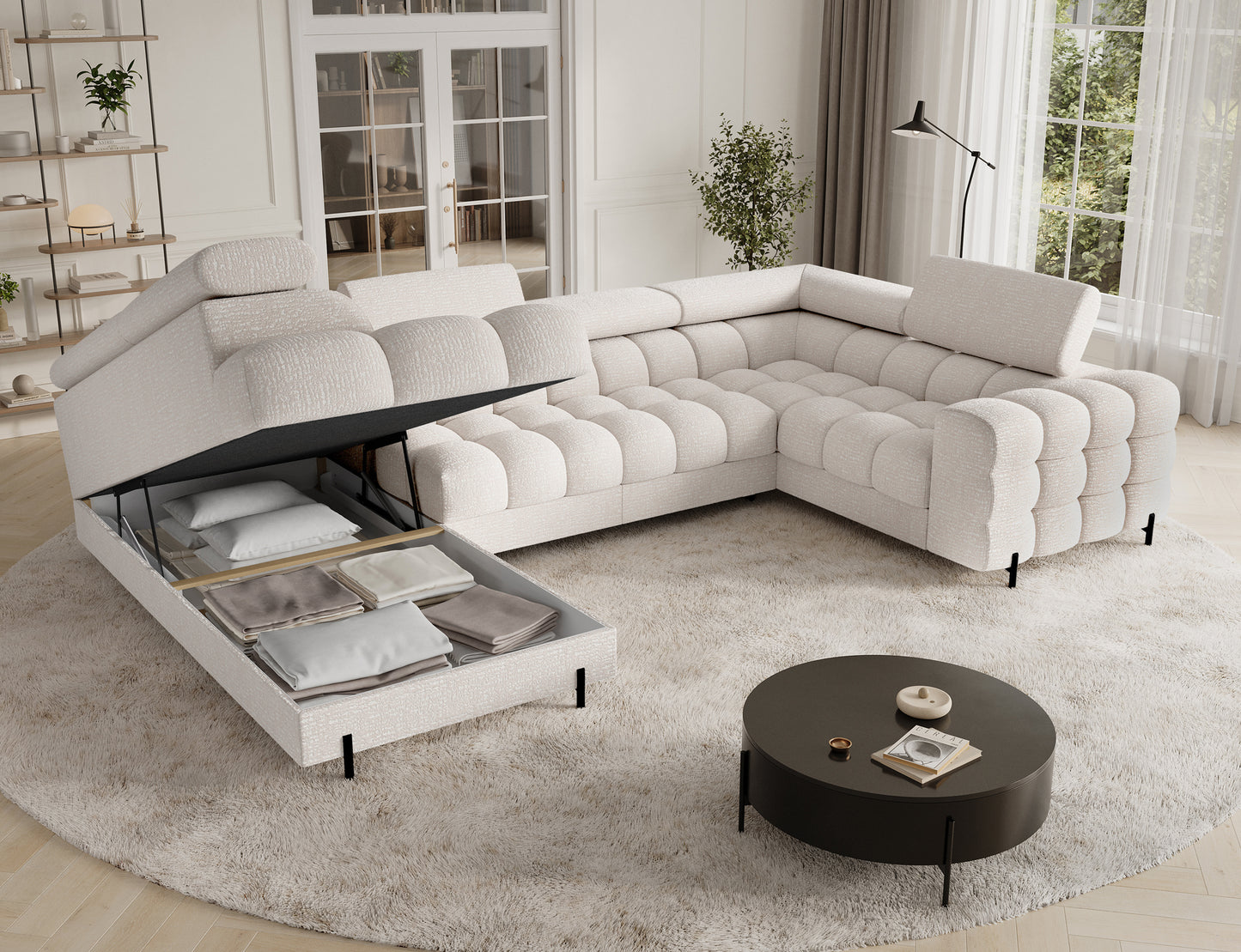 Pojemnik na pościel narożnika Fectory Baffix 20 beżowy – otwarta klapa z widoczną zawartością.