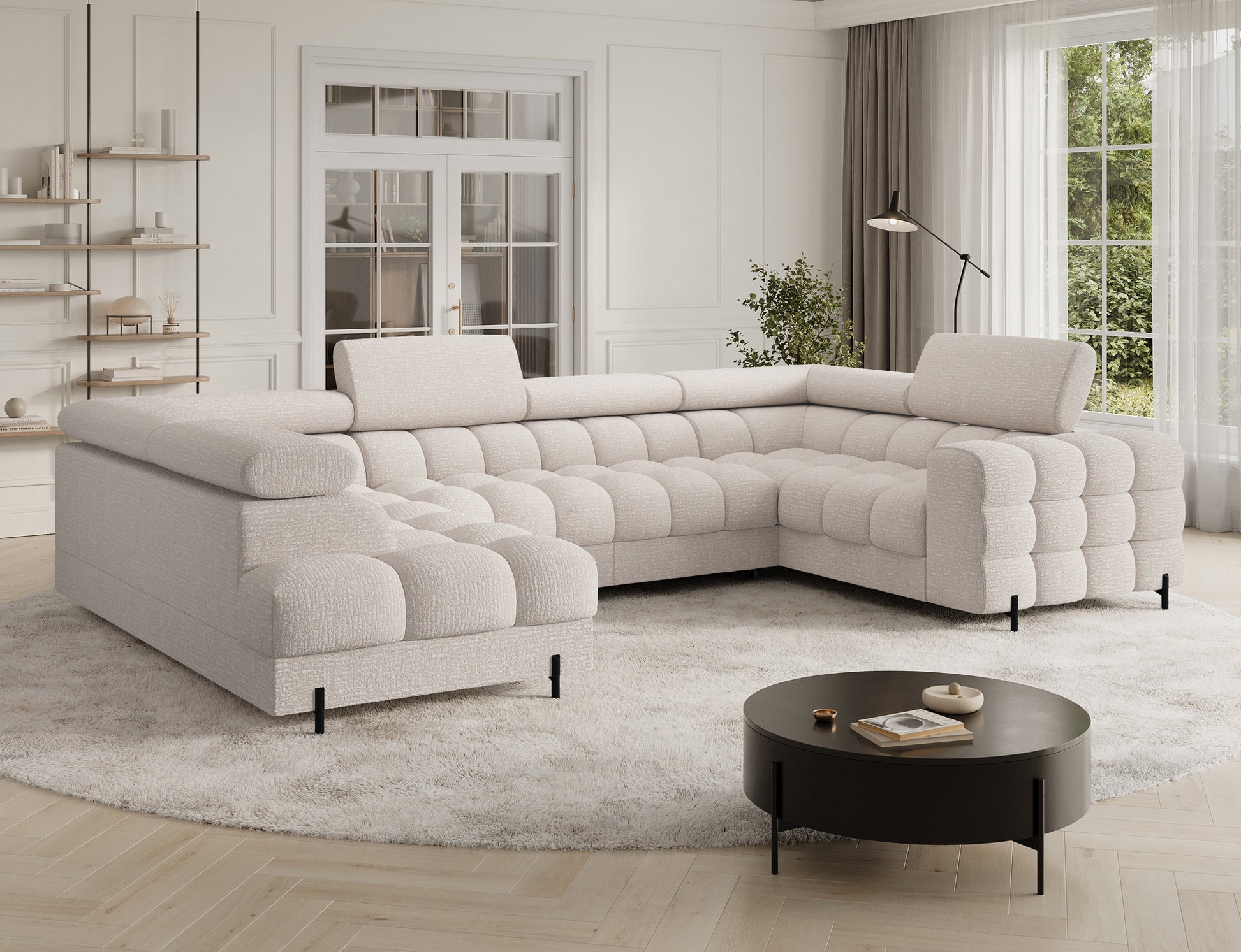 Stylowy narożnik Fectory Baffix 20 beżowy z funkcją spania, ustawiony w przestronnym salonie z oknem.