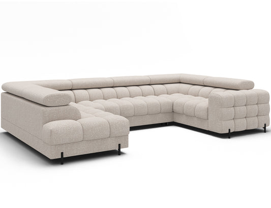 Narożnik Fectory Baffix 20 beżowy w układzie U, widok skośny na tapicerowany mebel białe tło.