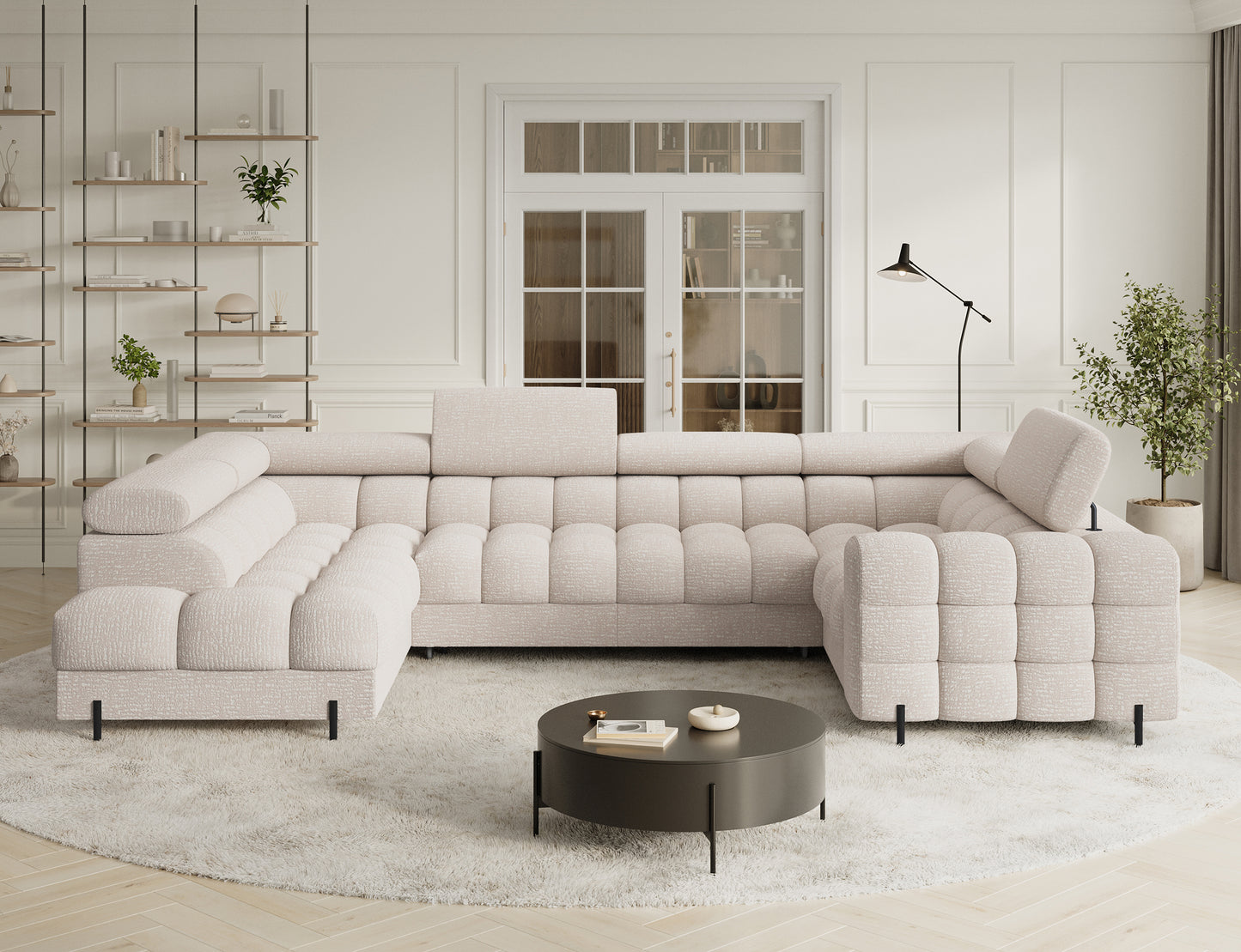 Narożnik do salonu Fectory Baffix 20 beżowy z funkcją spania i zagłówkami, aranżacja w eleganckim wnętrzu.