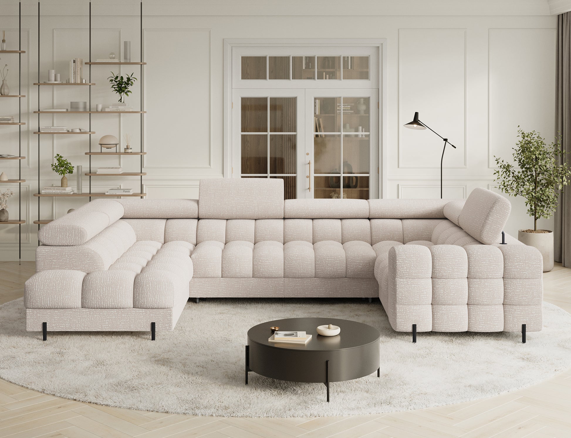 Narożnik do salonu Fectory Baffix 20 beżowy z funkcją spania i zagłówkami, aranżacja w eleganckim wnętrzu.