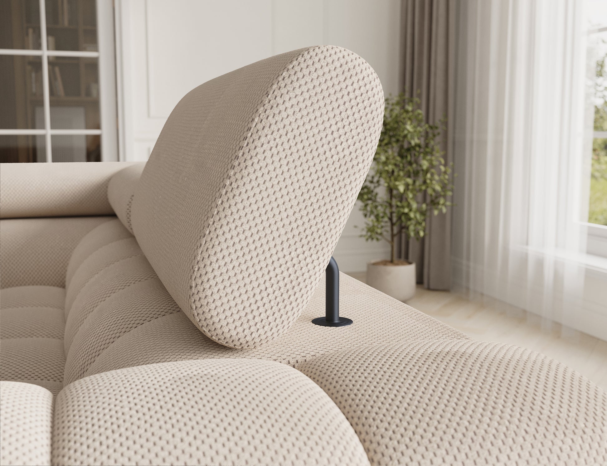 Regulowany zagłówek narożnika Fectory Calmora 18 beżowy – widok z bliska na detal funkcjonalny i tapicerkę.