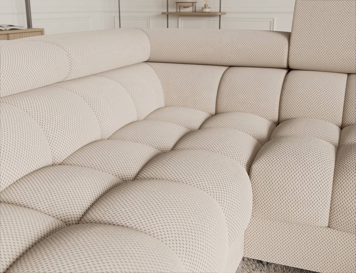 Miękkie pikowane siedzisko narożnika Fectory Calmora 18 beżowy – detal tkaniny Calmora i kształtu bryły