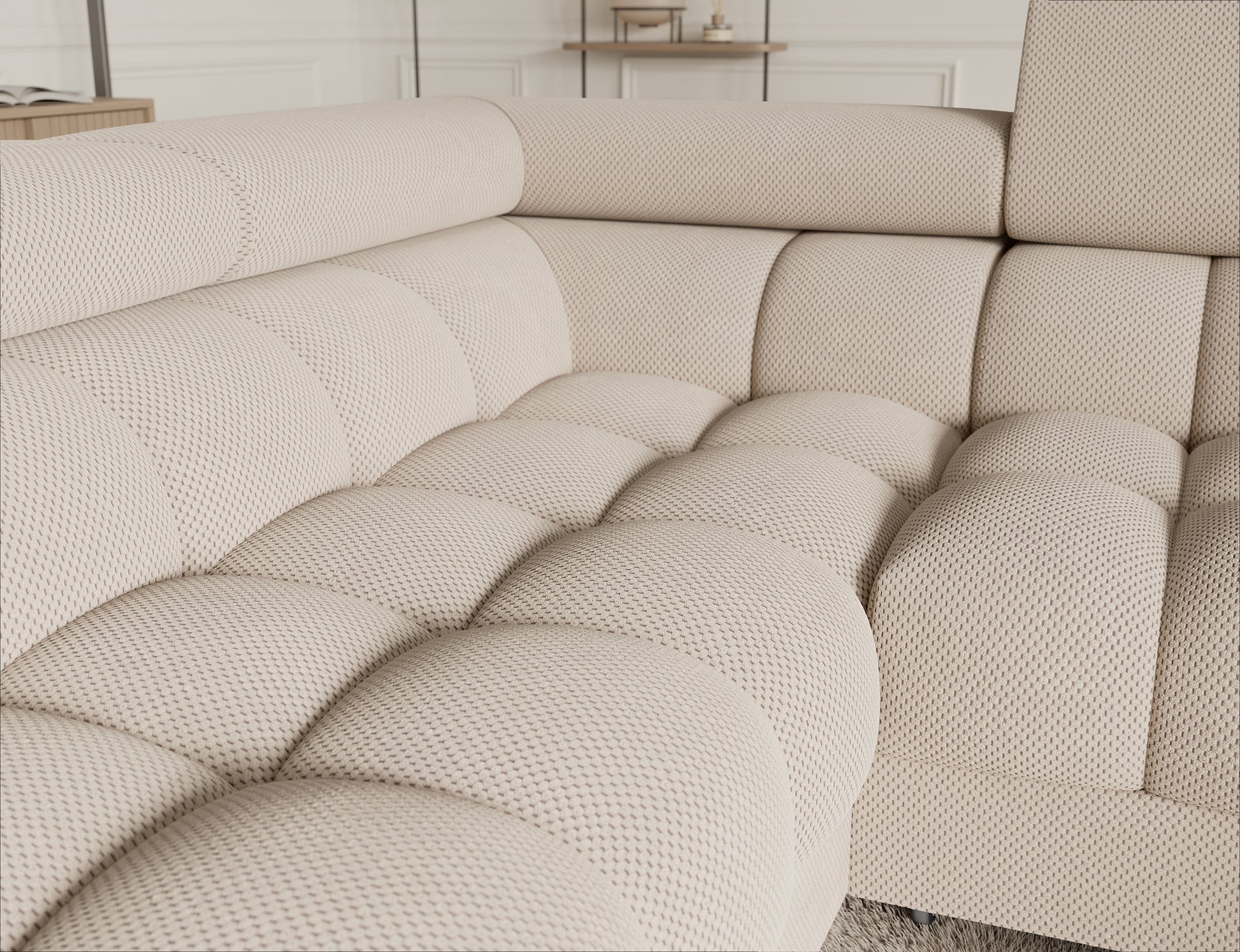 Miękkie pikowane siedzisko narożnika Fectory Calmora 18 beżowy – detal tkaniny Calmora i kształtu bryły