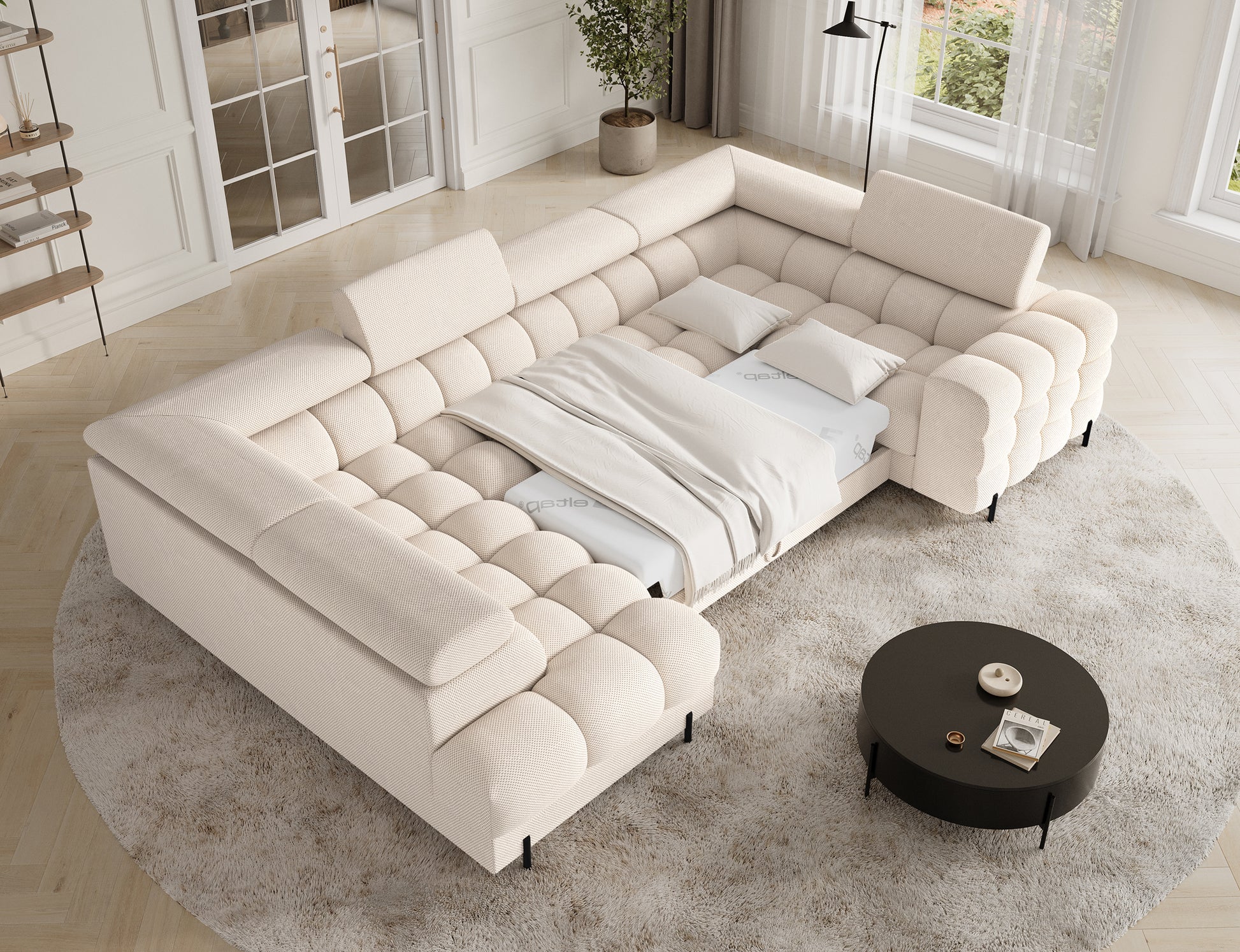 Rozłożona funkcja spania narożnika Fectory Calmora 18 beżowy – łóżko z pościelą w eleganckim salonie