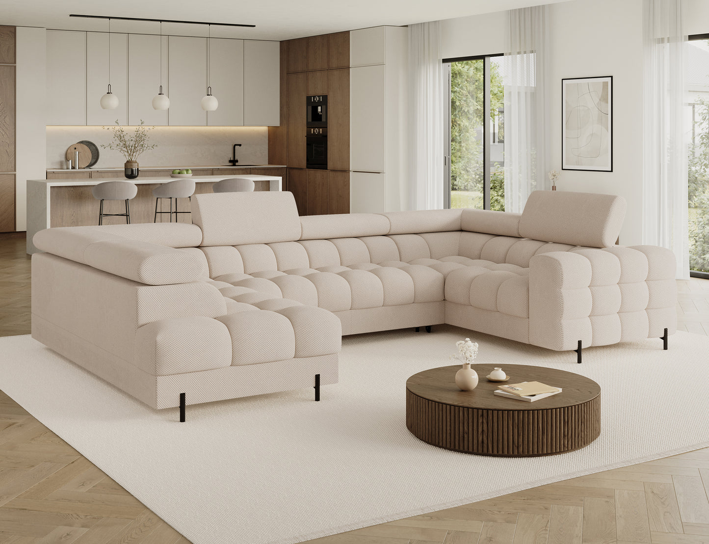 Narożnik Fectory Calmora 18 beżowy w nowoczesnym salonie z aneksem kuchennym i drewnianymi akcentami.