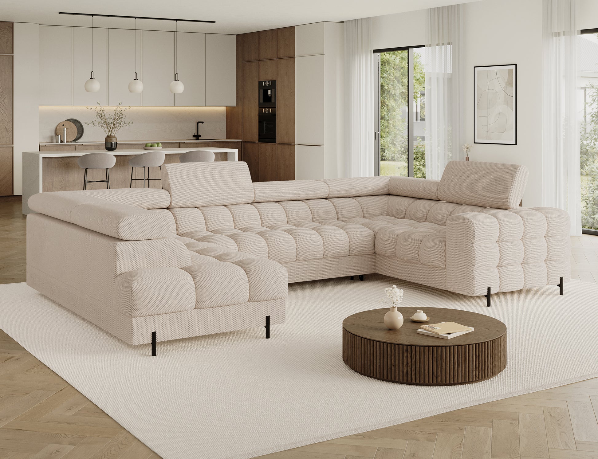 Narożnik Fectory Calmora 18 beżowy w nowoczesnym salonie z aneksem kuchennym i drewnianymi akcentami.