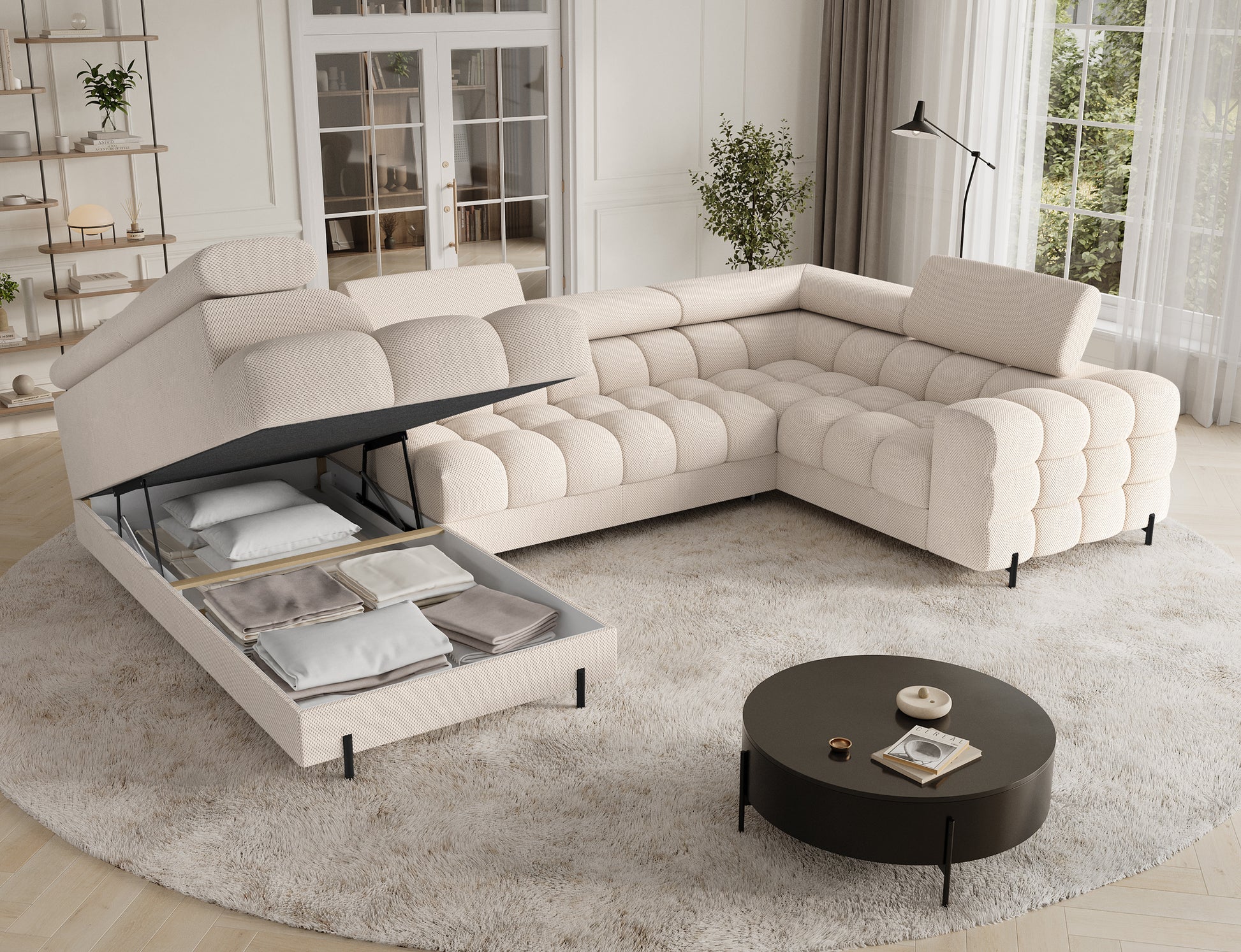 Pojemnik na pościel narożnika Fectory Calmora 18 beżowy z widoczną zawartością – praktyczne rozwiązanie w salonie.