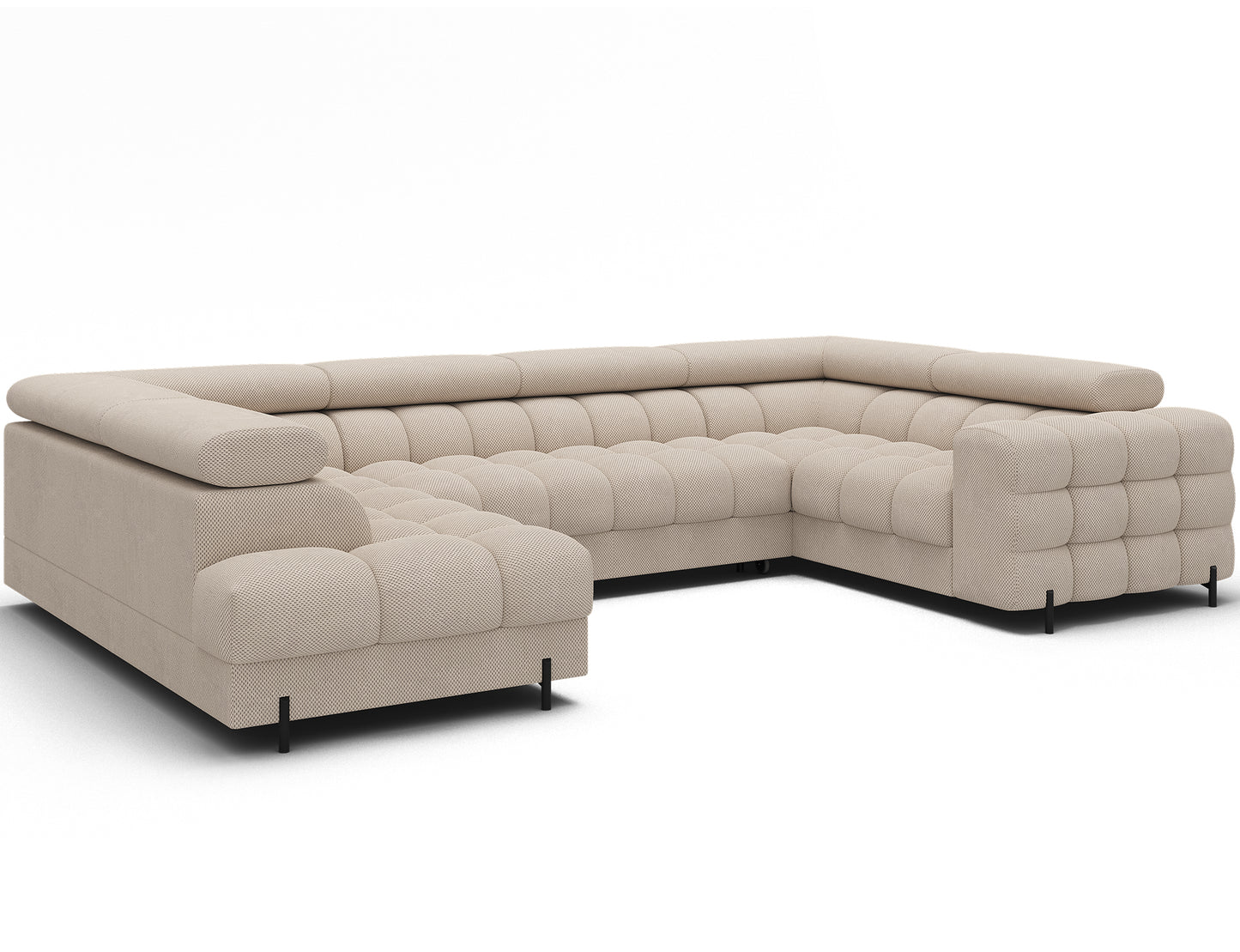 Narożnik Fectory Calmora 18 beżowy w kształcie litery U, widok z boku, tapicerowany tył i pikowane siedzisko, elegancka forma i metalowe nogi.