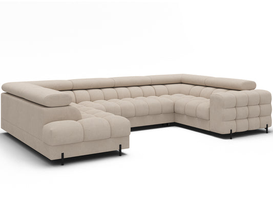 Narożnik Fectory Calmora 18 beżowy w kształcie litery U, widok z boku, tapicerowany tył i pikowane siedzisko, elegancka forma i metalowe nogi.