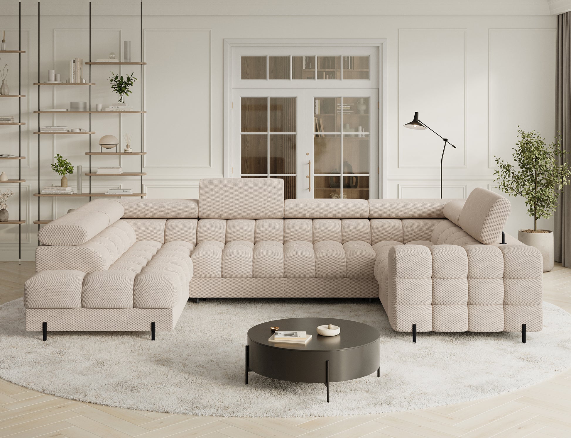 Rozkładany narożnik Fectory Calmora 18 beżowy w kształcie litery U, z pikowanym siedziskiem i zagłówkami, widok frontalny na tle białego tła.