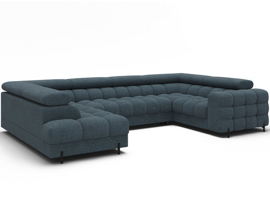 Narożnik Fectory w niebieskim kolorze, widok z boku, ukazujący nowoczesny design z zaokrąglonymi krawędziami i metalowymi nogami.