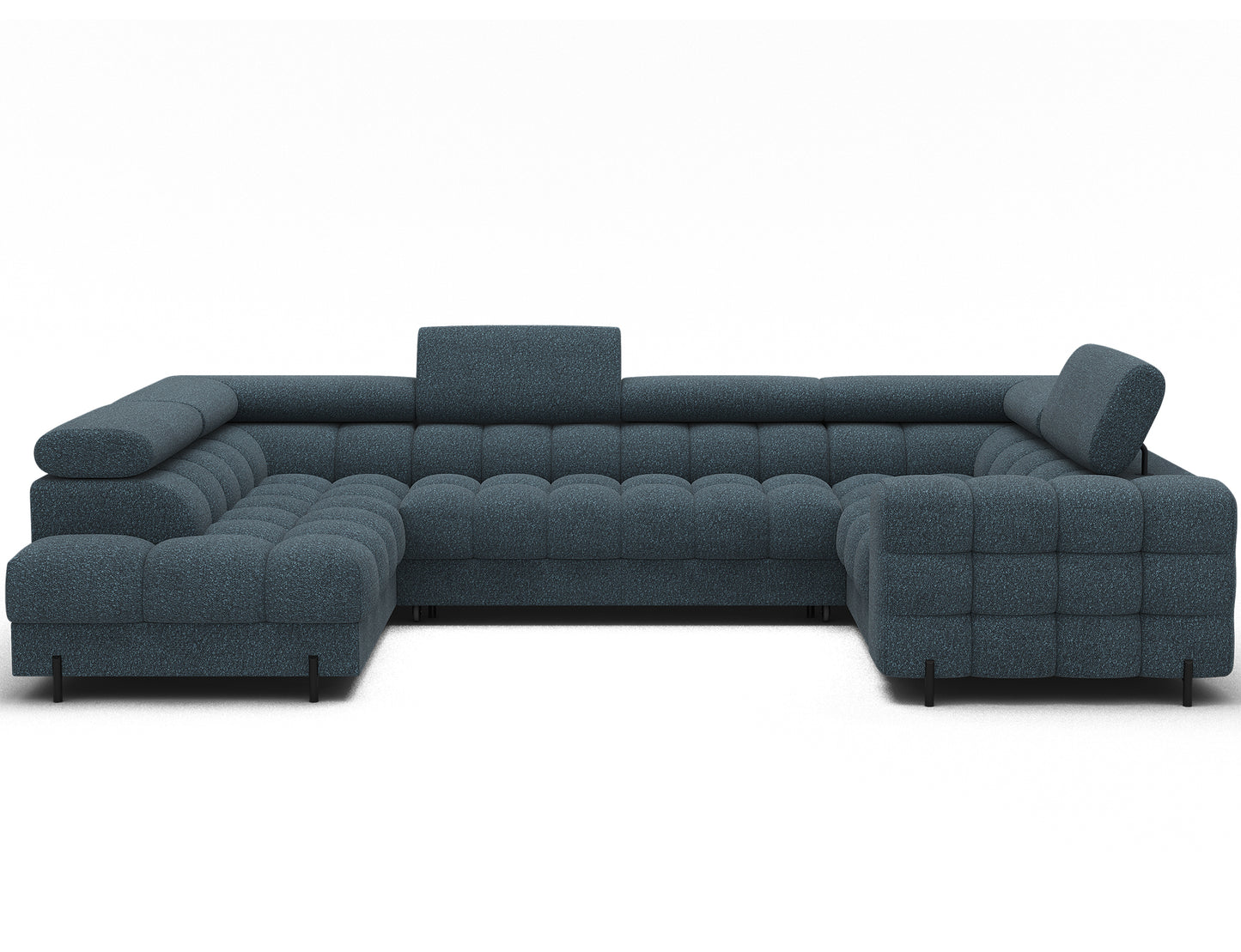 Narożnik Fectory w niebieskim odcieniu, widok na mebel z perspektywy bocznej, podkreślający zaokrągloną formę i metalowe nogi.