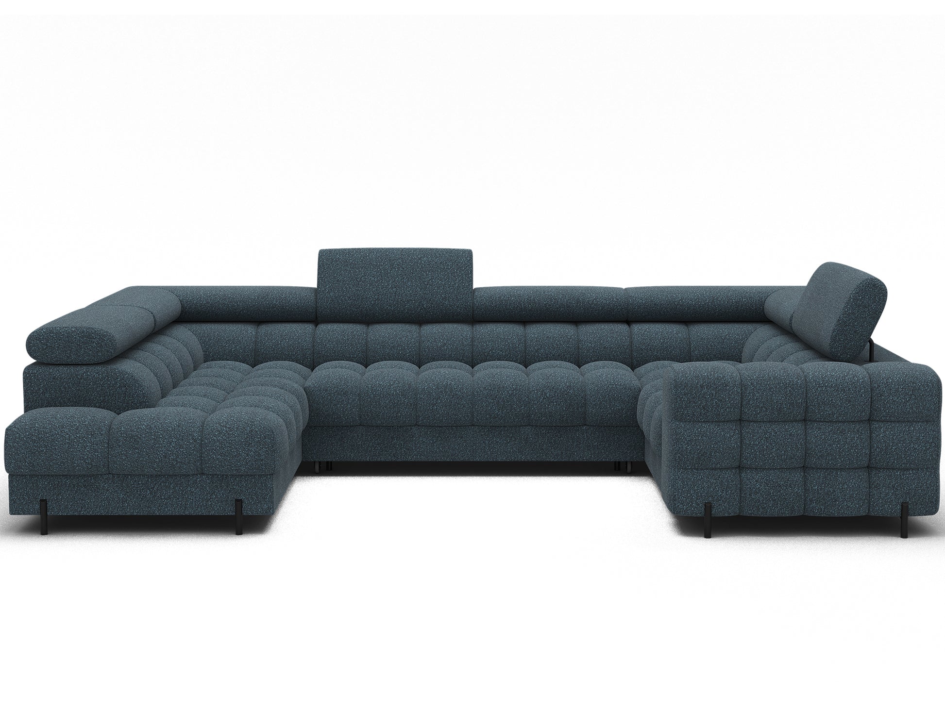 Narożnik Fectory w niebieskim odcieniu, widok na mebel z perspektywy bocznej, podkreślający zaokrągloną formę i metalowe nogi.