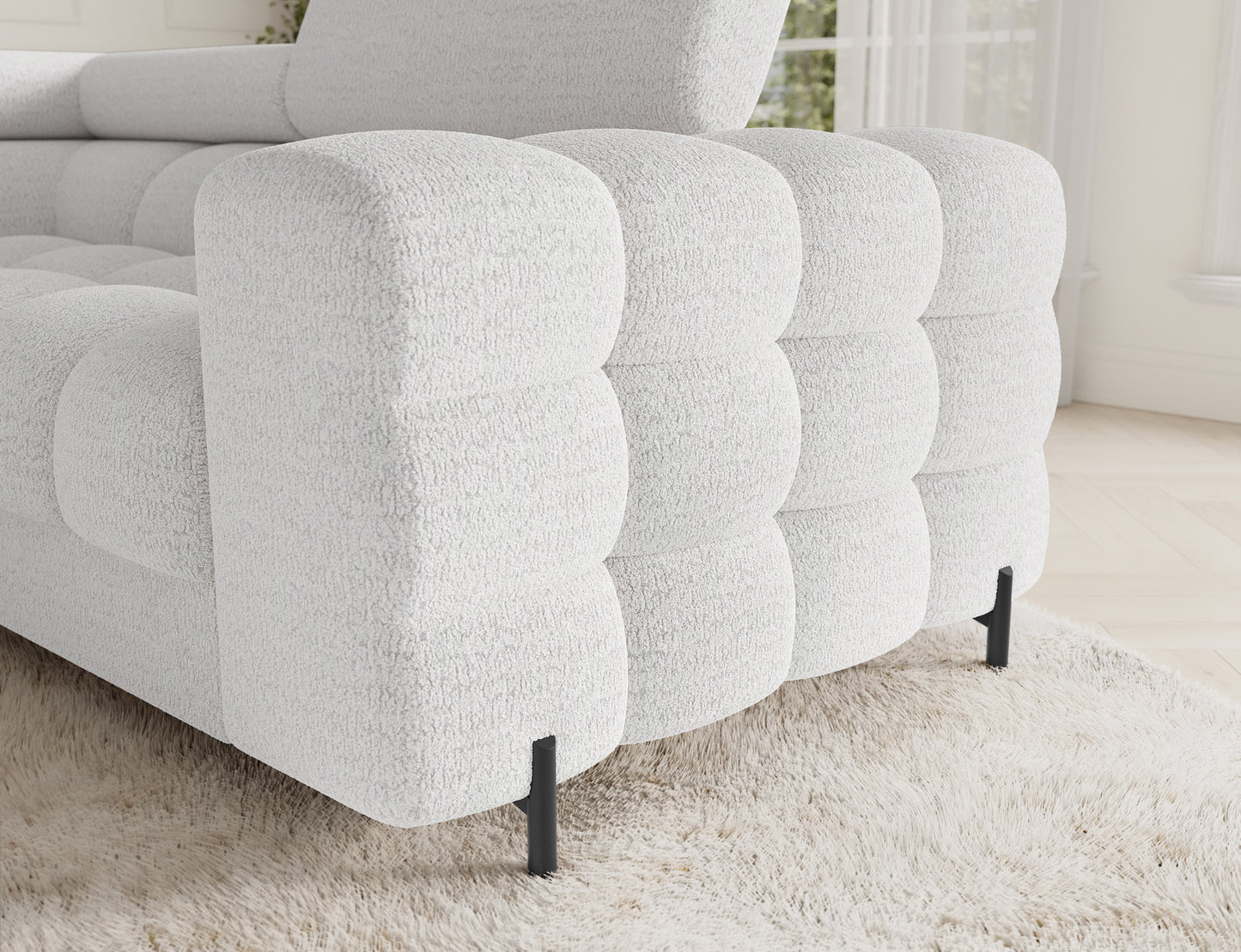 Wygodny narożnik Fectory w białym kolorze z ergonomicznym podłokietnikiem. Nowoczesny design i komfort w jednym, idealny do Twojego salonu.