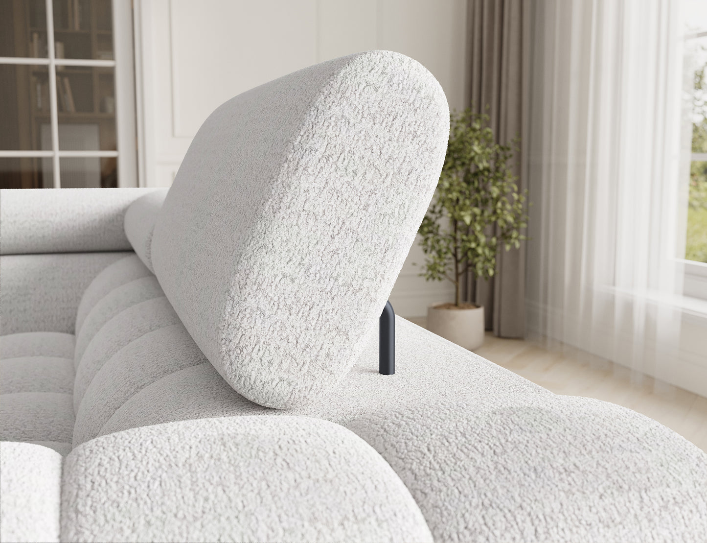 Narożnik Fectory w białym kolorze z regulowanym zagłówkiem dla większego komfortu. Stylowy wybór do współczesnych wnętrz, łączący funkcjonalność i elegancję.