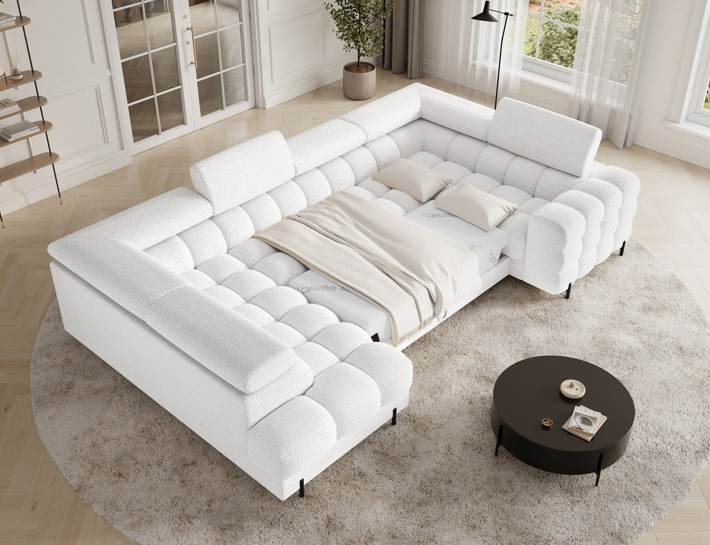 Wygodny narożnik Fectory Royal01 lewy w kolorze białym z funkcją spania – idealny do nowoczesnych wnętrz. Zyskaj przestronność i komfort!