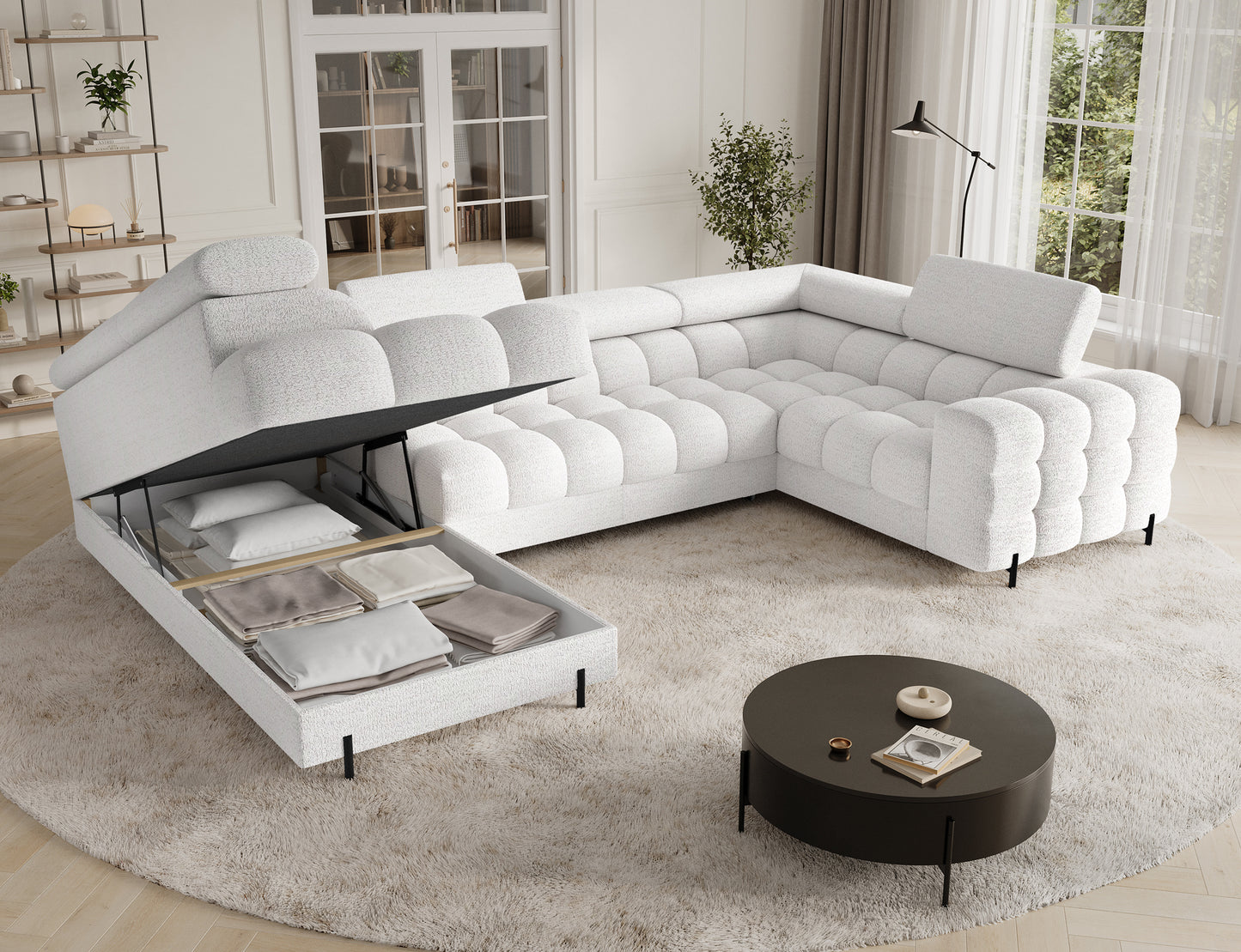 Przestronny narożnik Fectory Royal01 lewy biały z pojemnikiem na pościel – funkcjonalność i styl w jednym, doskonały do Twojego salonu!