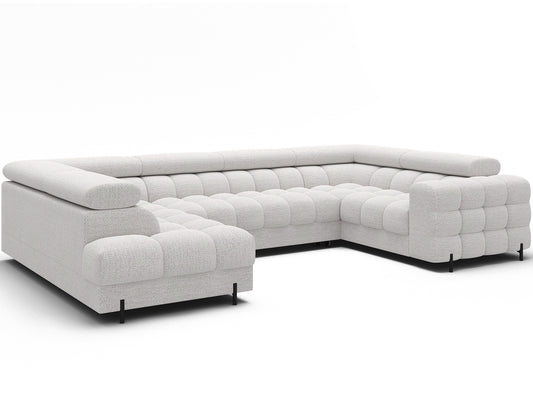 nowoczesny narożnik w białej tapicerce, idealny do przestronnych wnętrz. Metalowe nogi i funkcjonalny design.