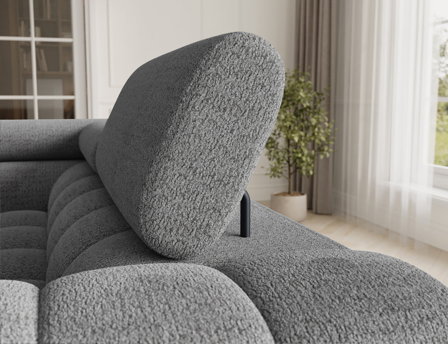 Regulowany zagłówek w narożniku Fectory, tkanina Royal 03 jasnoszary, komfort i styl w jednym.