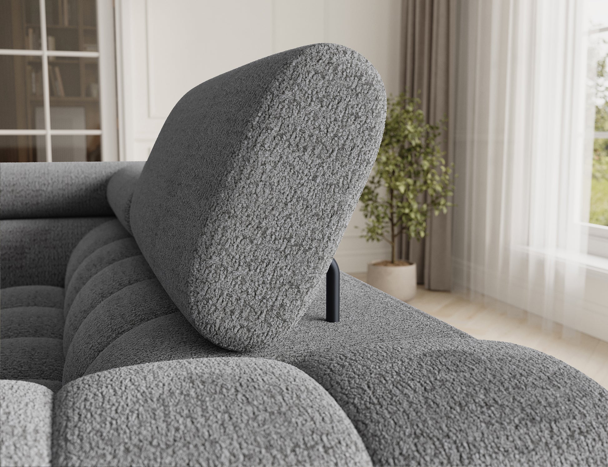 Regulowany zagłówek w narożniku Fectory, tkanina Royal 03 jasnoszary, komfort i styl w jednym.