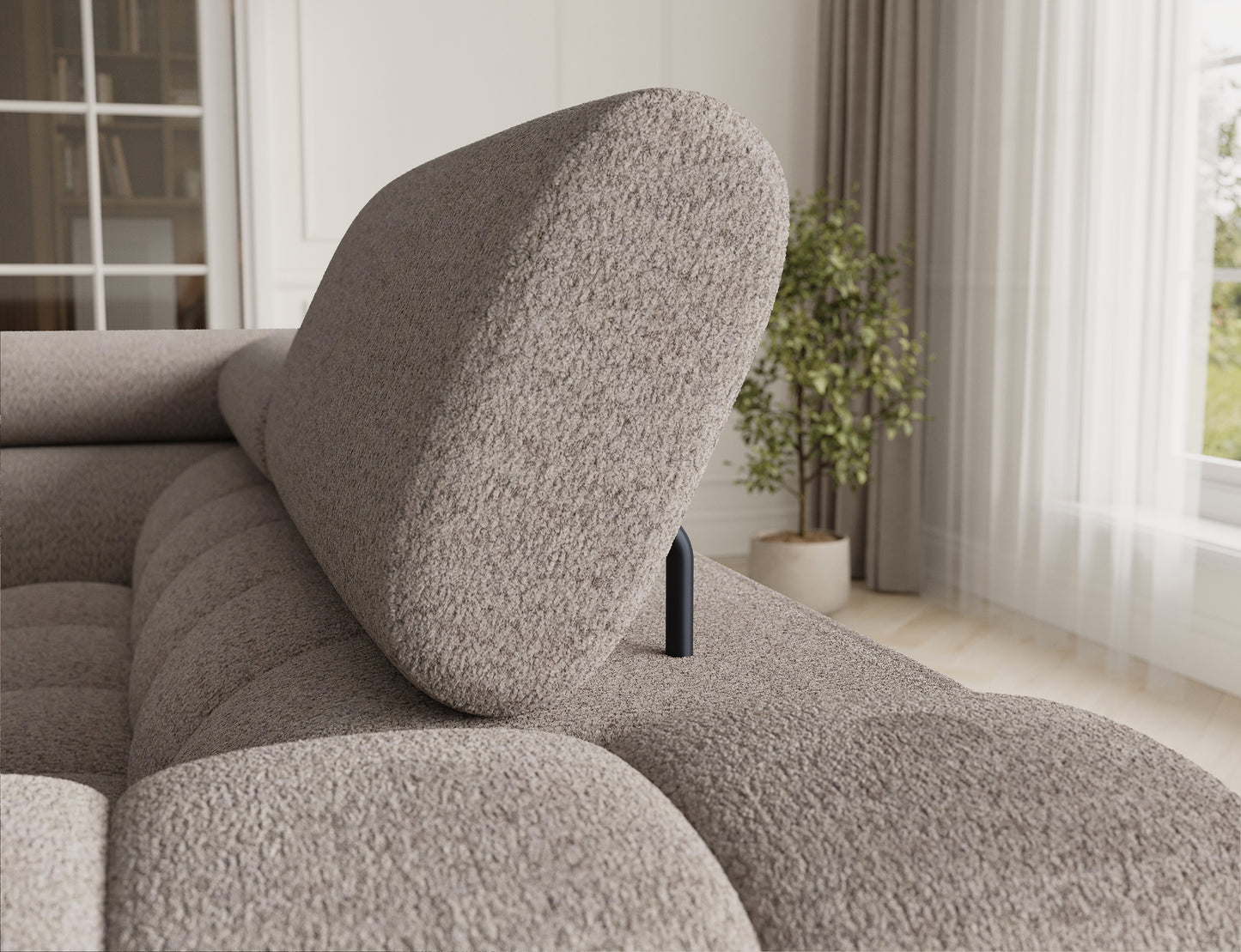 Oparcie narożnika Fectory w kolorze jasnobeżowym, z wyprofilowaną, ergonomiczną konstrukcją, zapewniającą komfort.