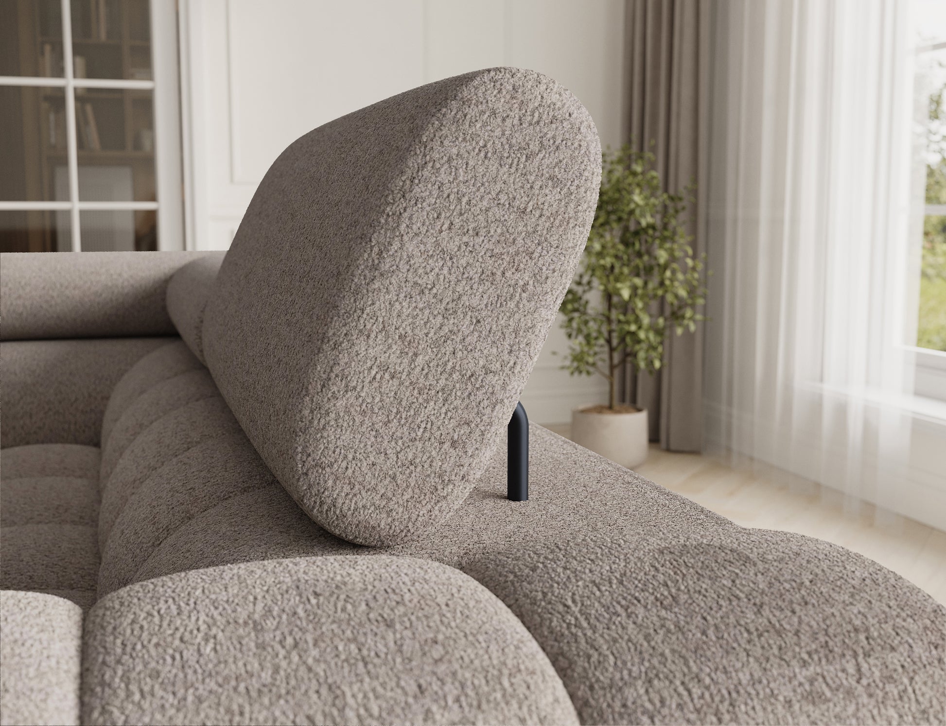 Oparcie narożnika Fectory w kolorze jasnobeżowym, z wyprofilowaną, ergonomiczną konstrukcją, zapewniającą komfort.