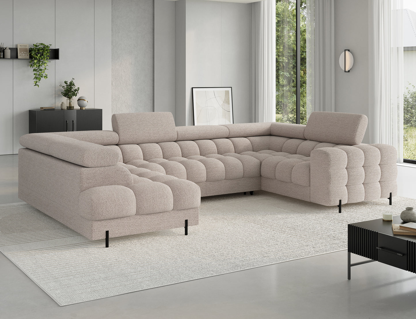 Narożnik Fectory lewy Royal 18 jasnobeżowy - nowoczesny design z wygodną funkcją spania, wnętrze z pojemnikiem na pościel