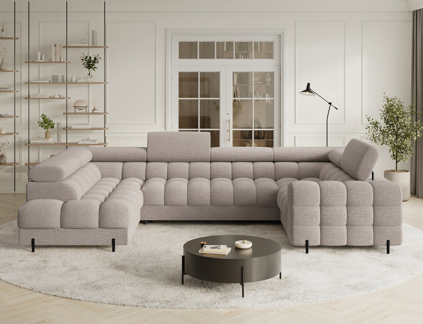 Narożnik Fectory lewy w tkaninie Royal 18 jasnobeżowy, elegancki model z wysokimi nogami, świetnie komponujący się w minimalistycznych przestrzeniach.