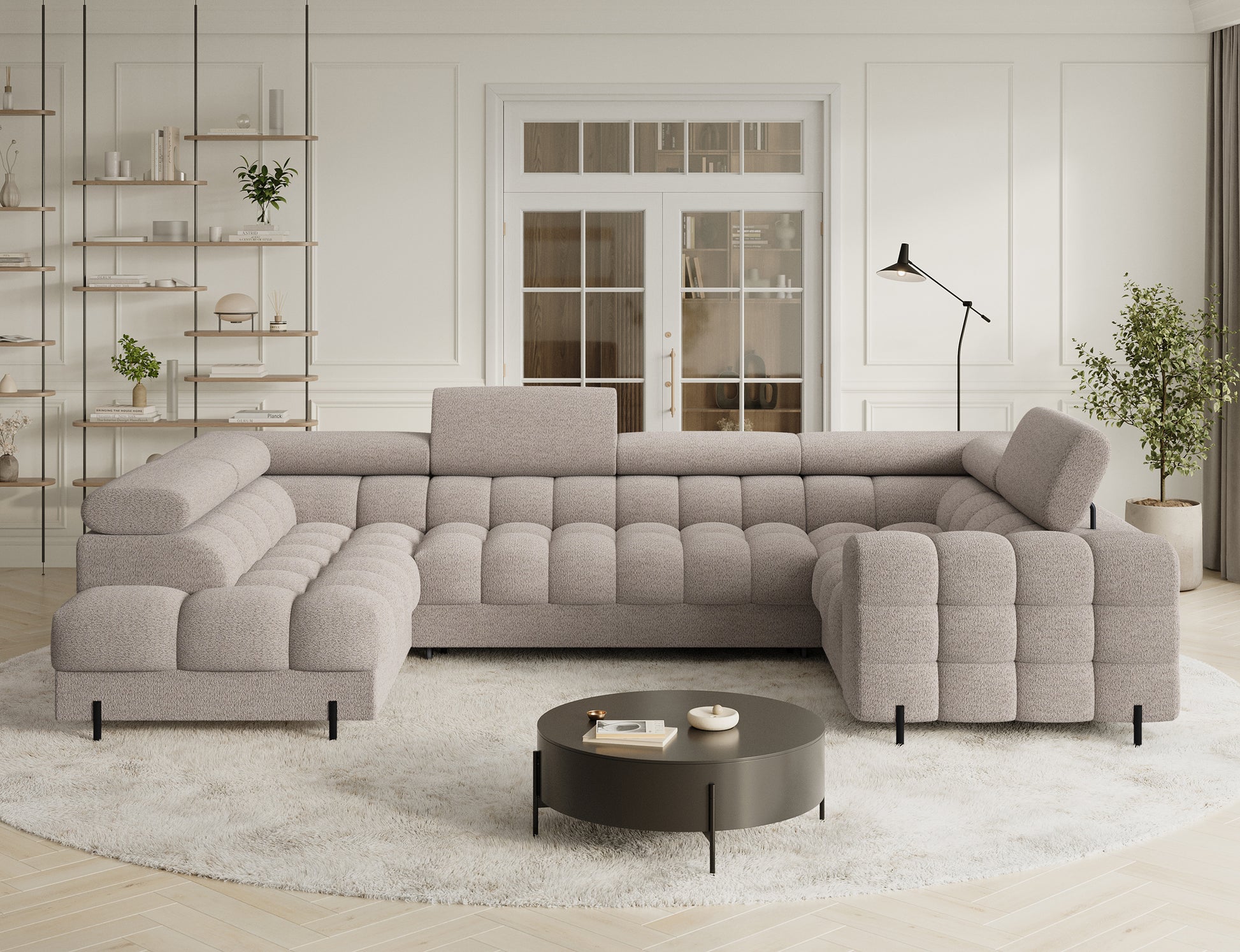 Narożnik Fectory lewy w tkaninie Royal 18 jasnobeżowy, elegancki model z wysokimi nogami, świetnie komponujący się w minimalistycznych przestrzeniach.