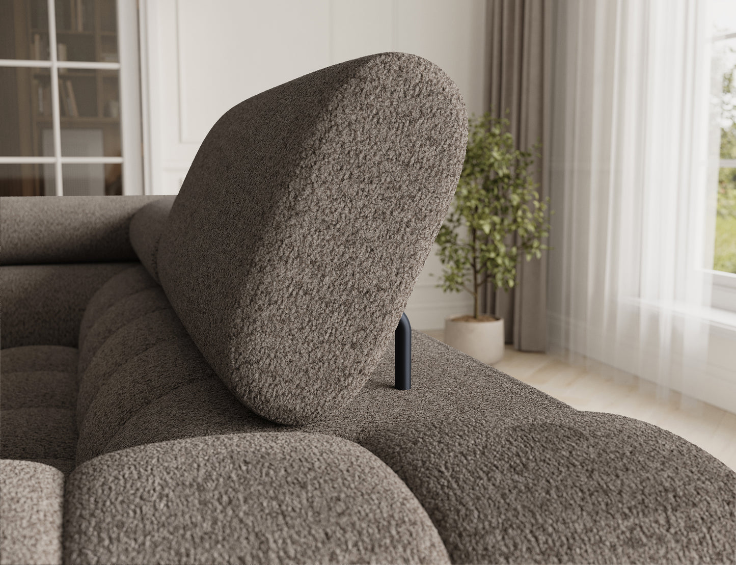 Elegancki narożnik Fectory w ciemnym beżu, doskonały do przestronnych salonów, oferujący wygodę i nowoczesny design.