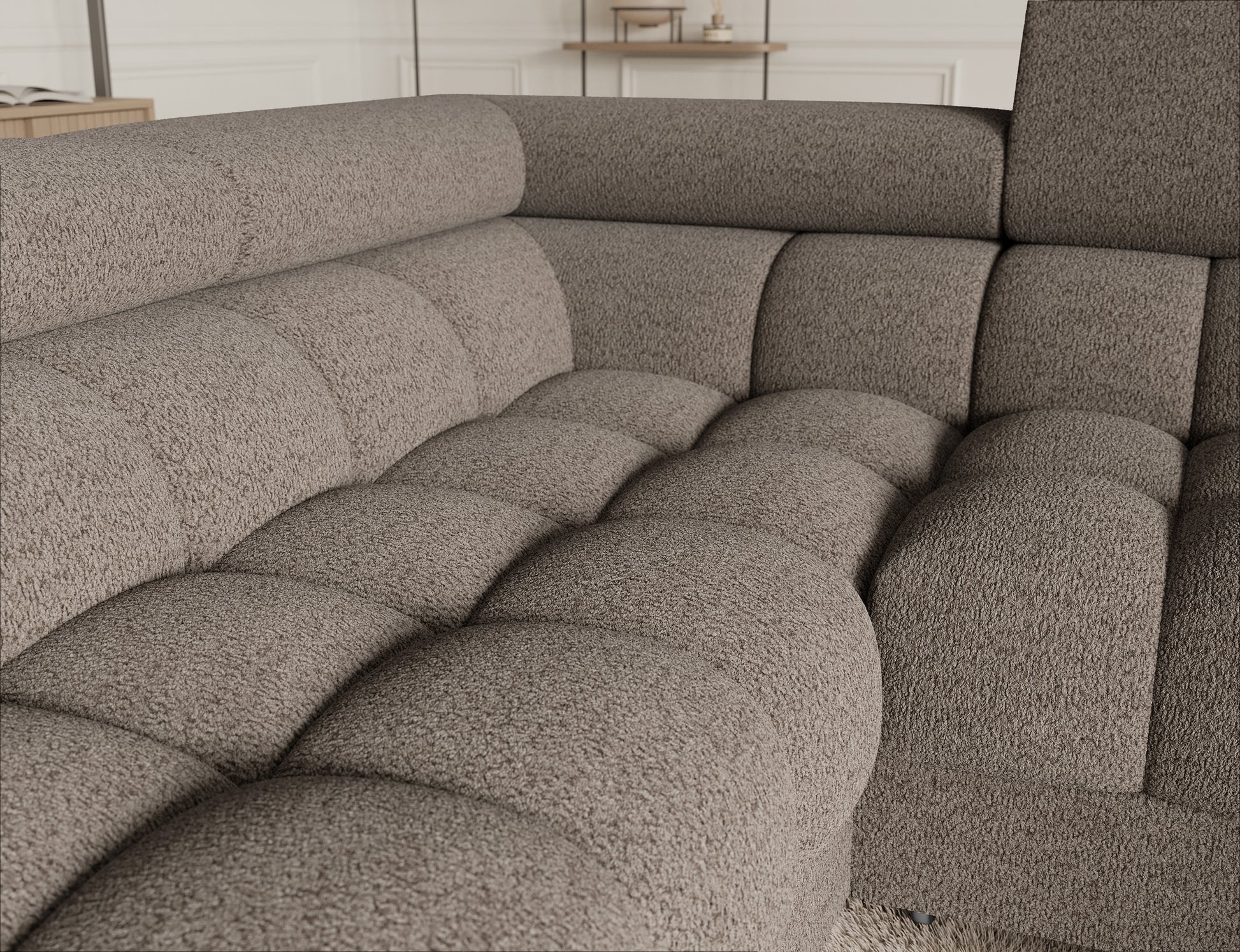 Narożnik Fectory w ciemnym beżu, minimalistyczny i komfortowy, doskonale komponujący się w nowoczesnych aranżacjach wnętrz.