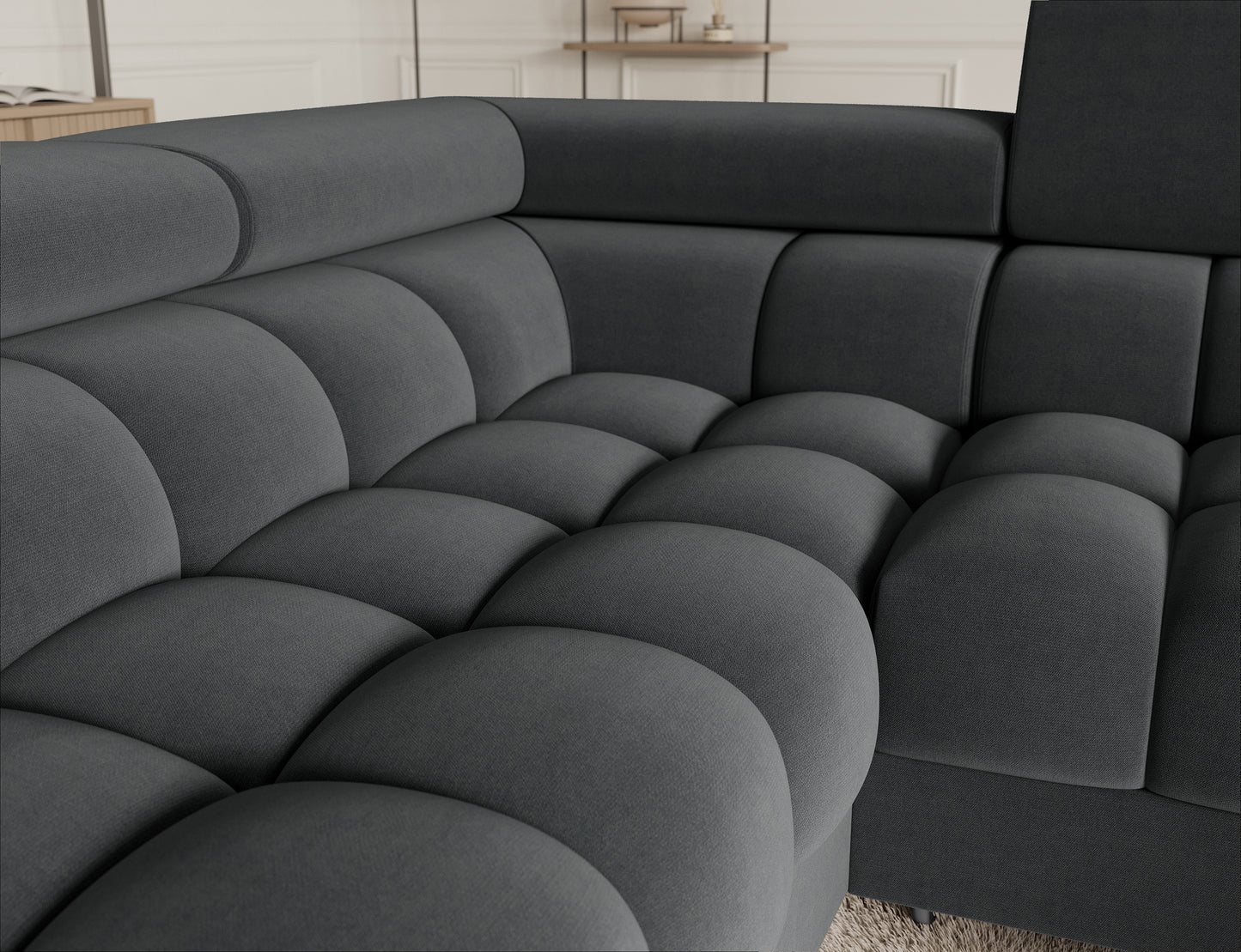 Fectory, narożnik lewy Sola 06, szary. Praktyczny pojemnik na pościel oraz elegancka tkanina Sola 06 – połączenie funkcji i stylu.