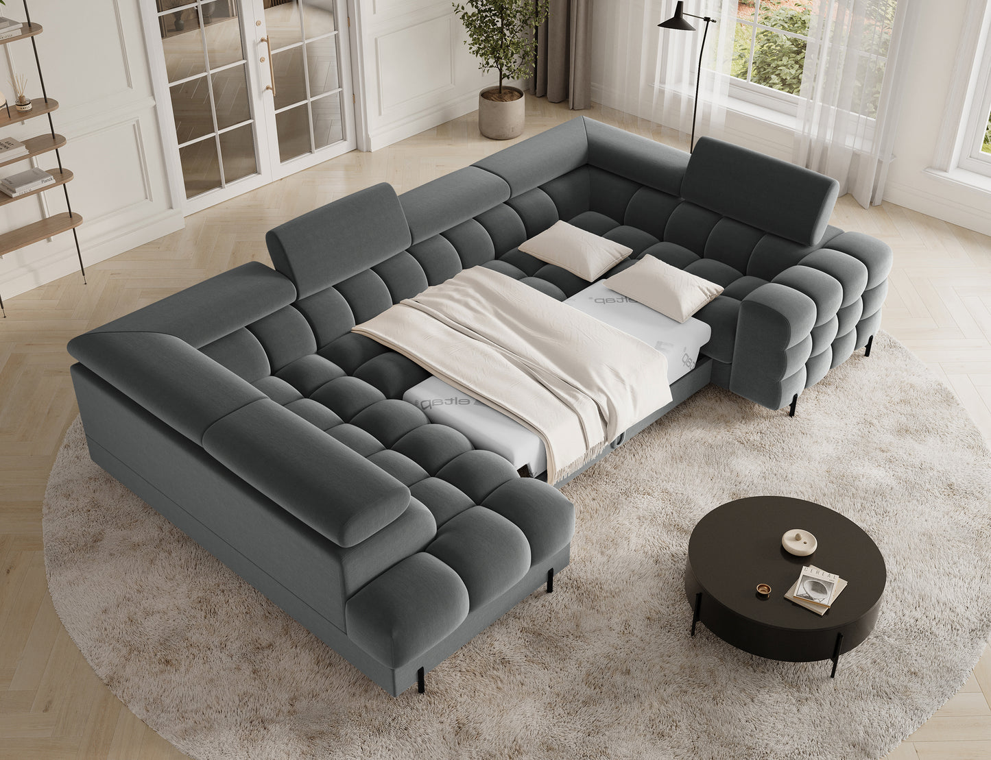 Wielofunkcyjny narożnik, który w mgnieniu oka zamienia się w wygodne łóżko, łącząc styl z praktycznością.