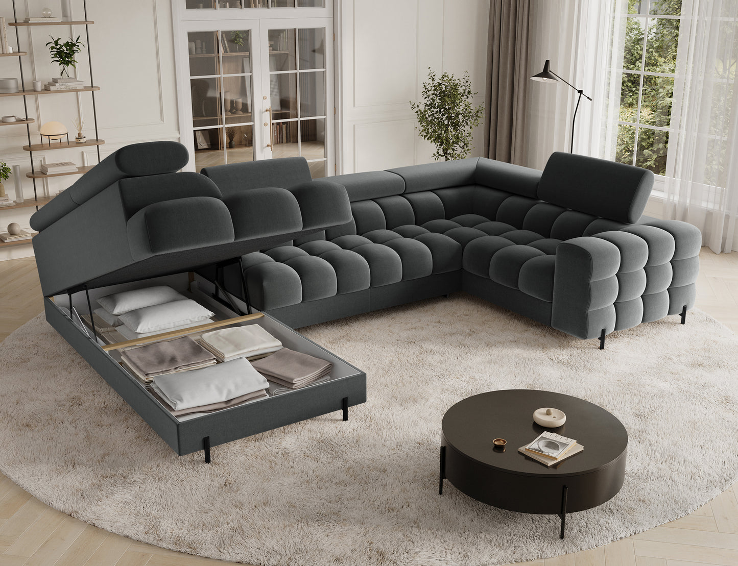 Przestronny narożnik z praktycznym pojemnikiem na pościel, idealny do przechowywania, zachowując elegancję i funkcjonalność.