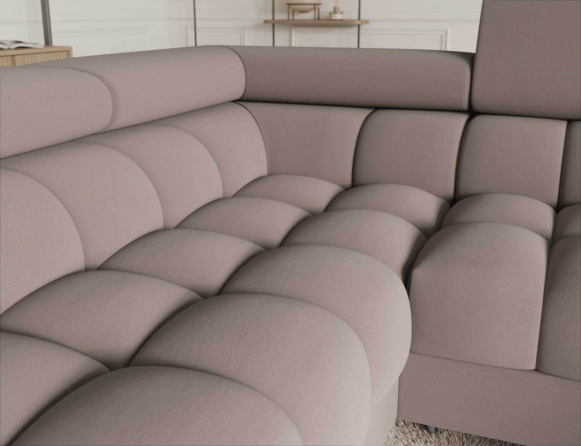 Narożnik z funkcją spania i pojemnikiem na pościel w stylu nowoczesnym. Tkanina Sola 18 beżowa dodaje elegancji, a metalowe nogi zapewniają stabilność.