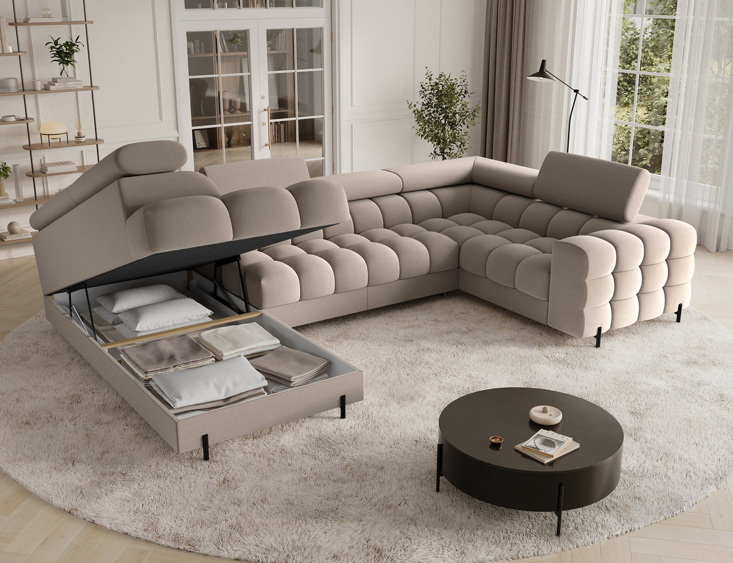 Narożnik z funkcją spania i pojemnikiem na pościel w stylu nowoczesnym. Tkanina Sola 18 beżowa dodaje elegancji, a metalowe nogi zapewniają stabilność.