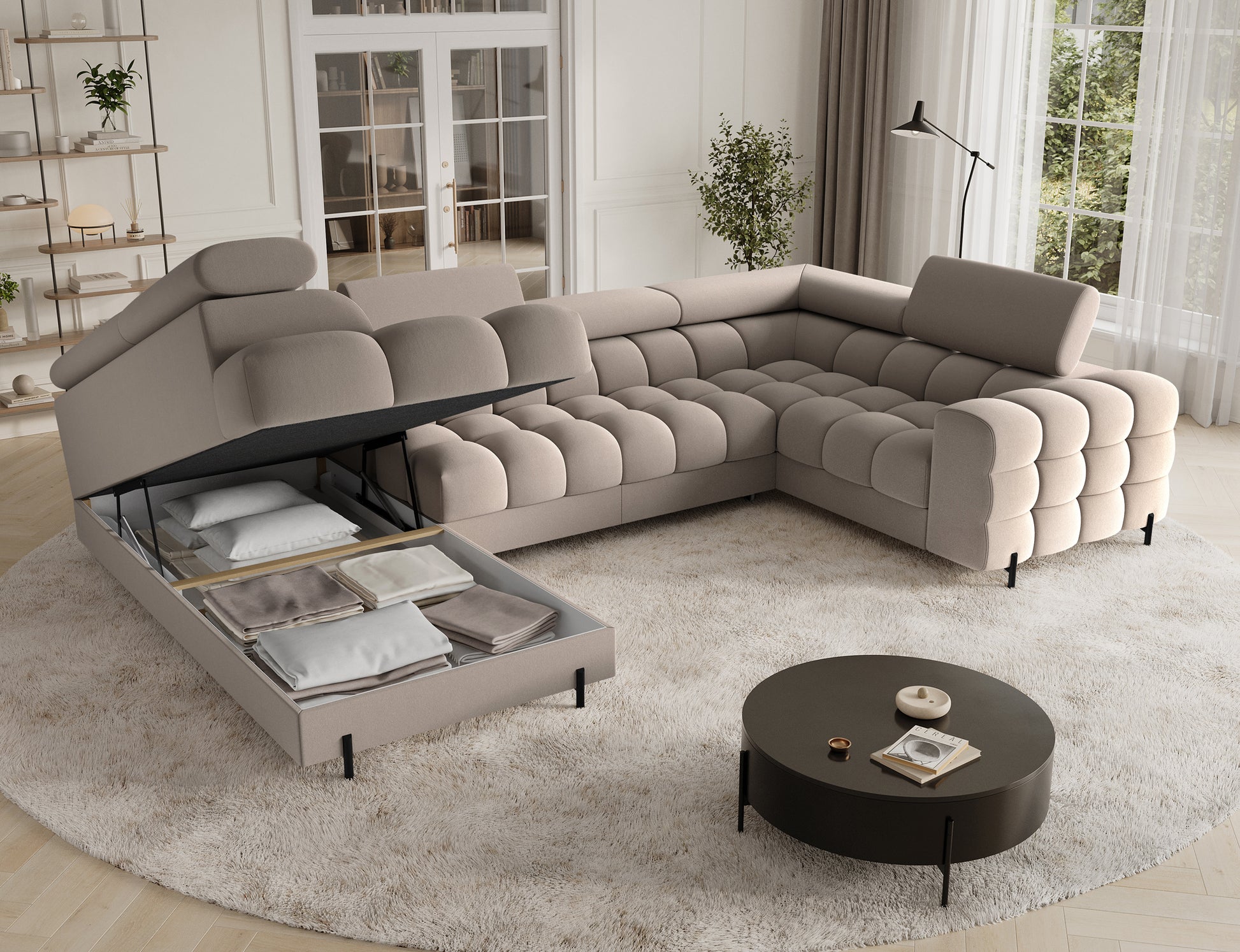 Narożnik z funkcją spania i pojemnikiem na pościel w stylu nowoczesnym. Tkanina Sola 18 beżowa dodaje elegancji, a metalowe nogi zapewniają stabilność.