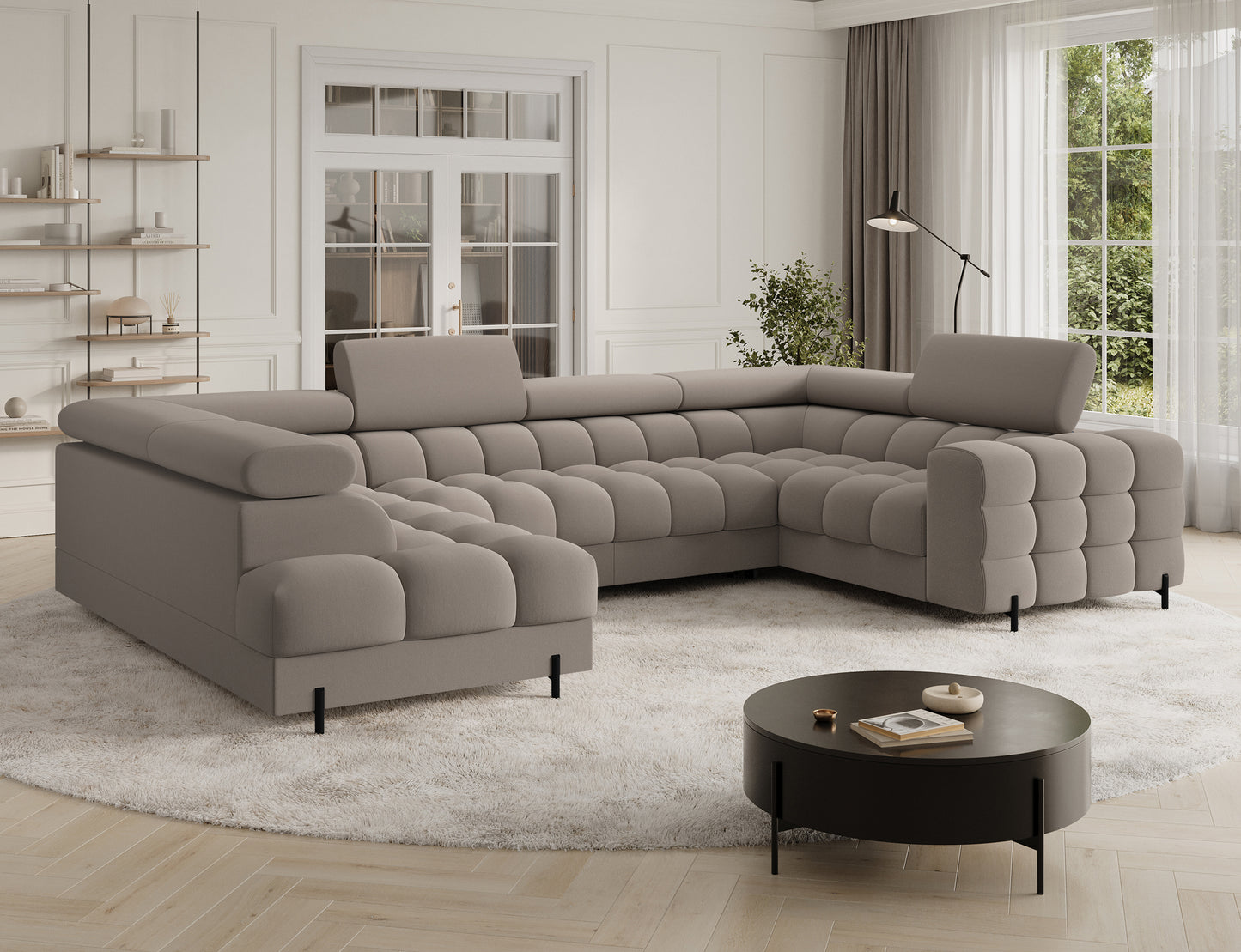 Stylowy narożnik Fectory w tkaninie Sola 18 beżowy, z subtelnymi, zaokrąglonymi krawędziami i eleganckimi metalowymi nogami. Idealny wybór do nowoczesnych wnętrz.