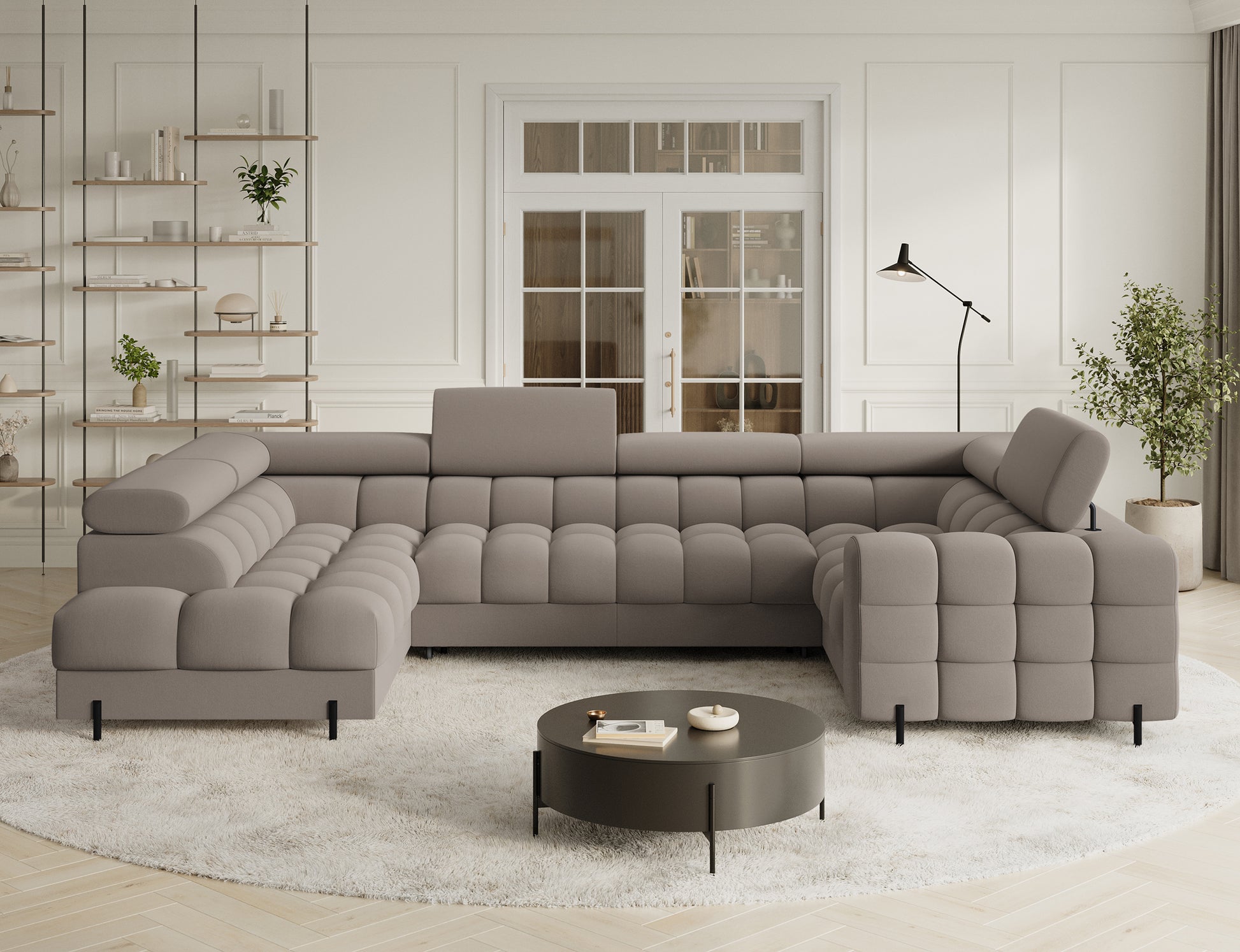 Narożnik Fectory w tkaninie Sola 18 beżowy – nowoczesny design z miękkimi, tapicerowanymi podłokietnikami i eleganckimi, metalowymi nogami.