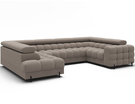 Narożnik Fectory w tkaninie Sola 18 jasny beż – elegancki design, wygodne siedzisko i funkcjonalny pojemnik na pościel.