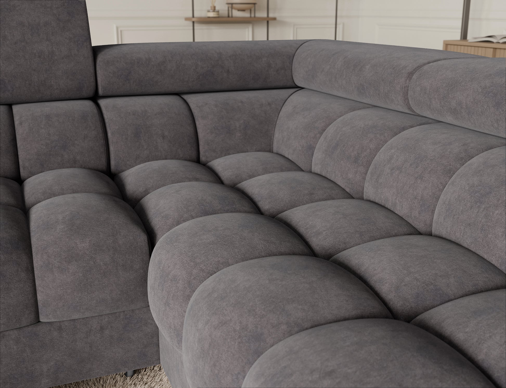 Narożnik Fectory z funkcją spania i dodatkowymi akcentami, oferujący komfort i nowoczesny wygląd w jednym.