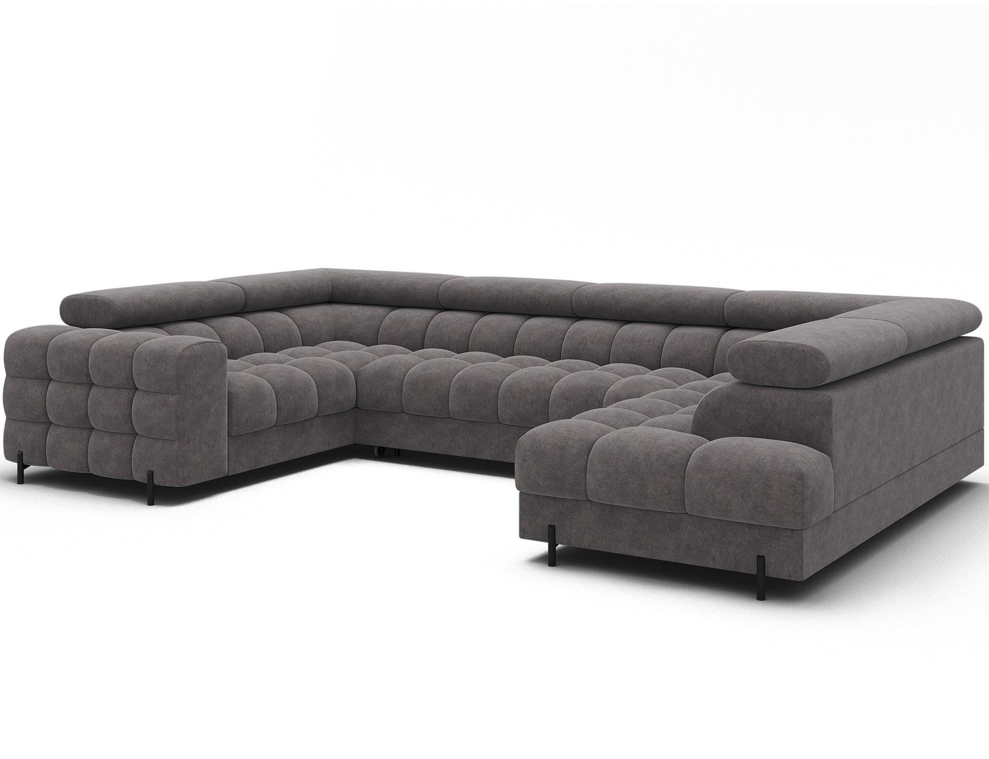 Narożnik Fectory w kolorze szarym z metalowymi nogami, widoczny z boku, prezentujący eleganckie zaokrąglenia i nowoczesny design.