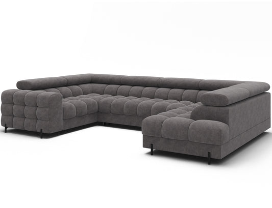 Narożnik Fectory w kolorze szarym z metalowymi nogami, widoczny z boku, prezentujący eleganckie zaokrąglenia i nowoczesny design.