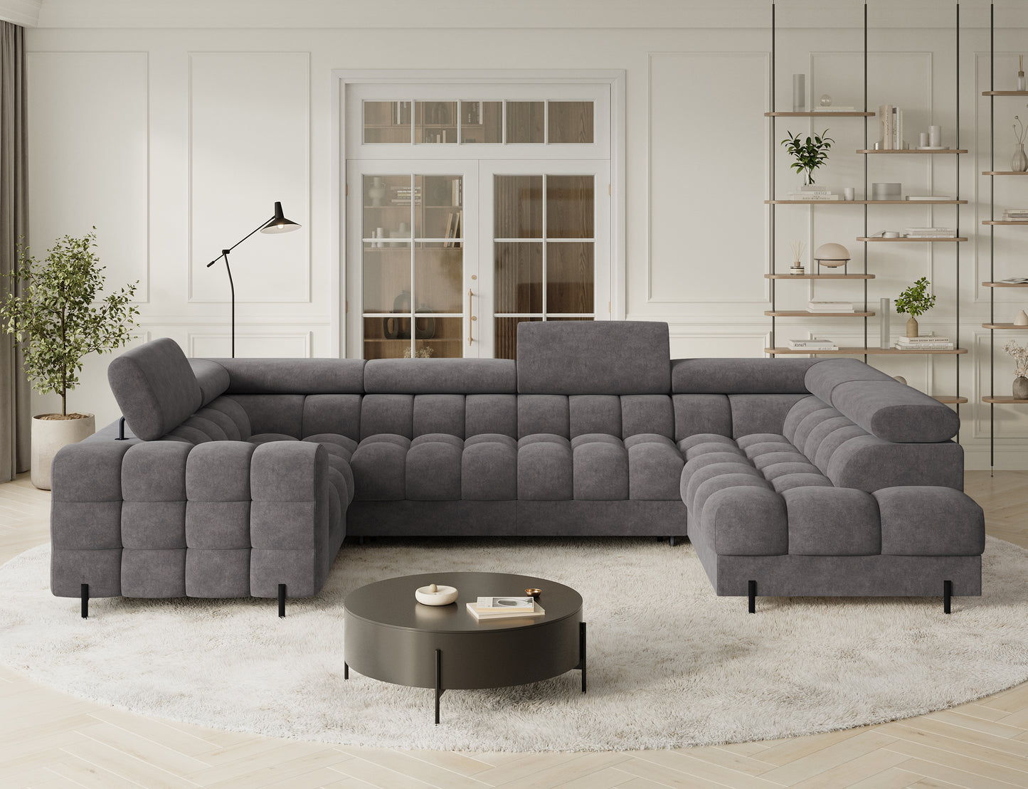 Widok narożnika Fectory w szarym odcieniu w przestronnym wnętrzu, z funkcjonalnymi zagłówkami i metalowymi nogami, idealny do nowoczesnych salonów.