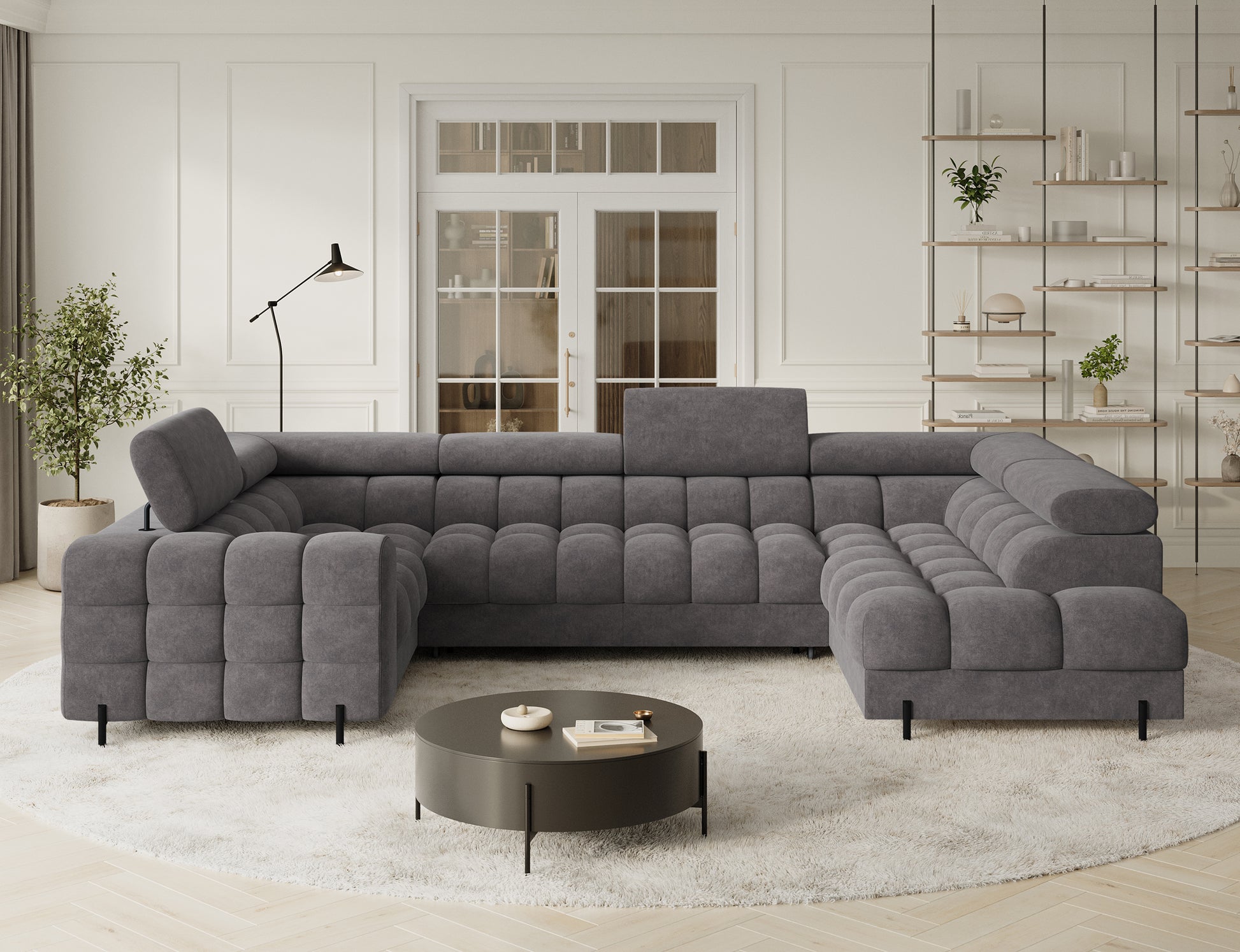 Widok narożnika Fectory w szarym odcieniu w przestronnym wnętrzu, z funkcjonalnymi zagłówkami i metalowymi nogami, idealny do nowoczesnych salonów.