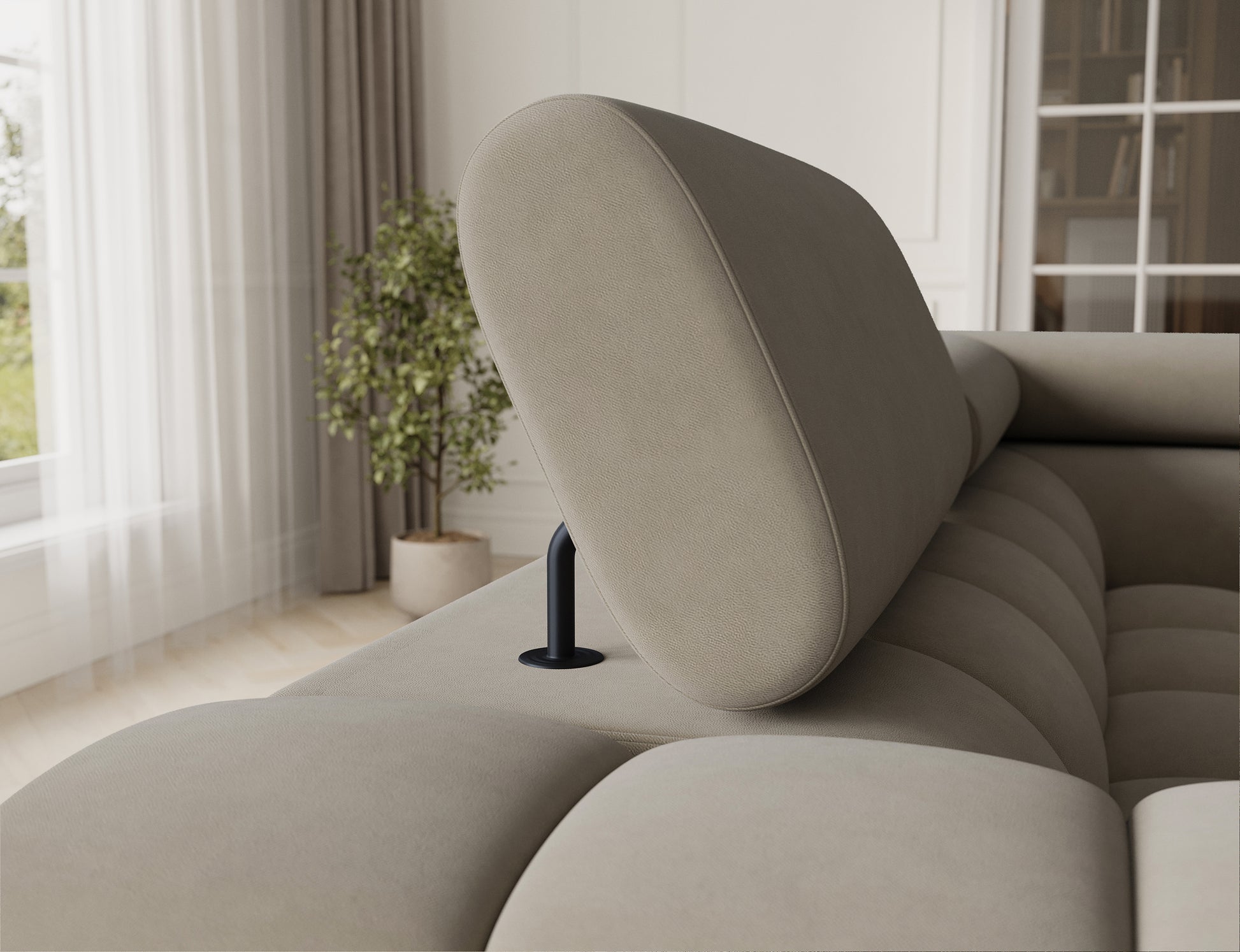 Narożnik Fectory prawy Aura 18 kremowy – zbliżenie na regulowany zagłówek, komfortowy mechanizm, delikatne oparcie